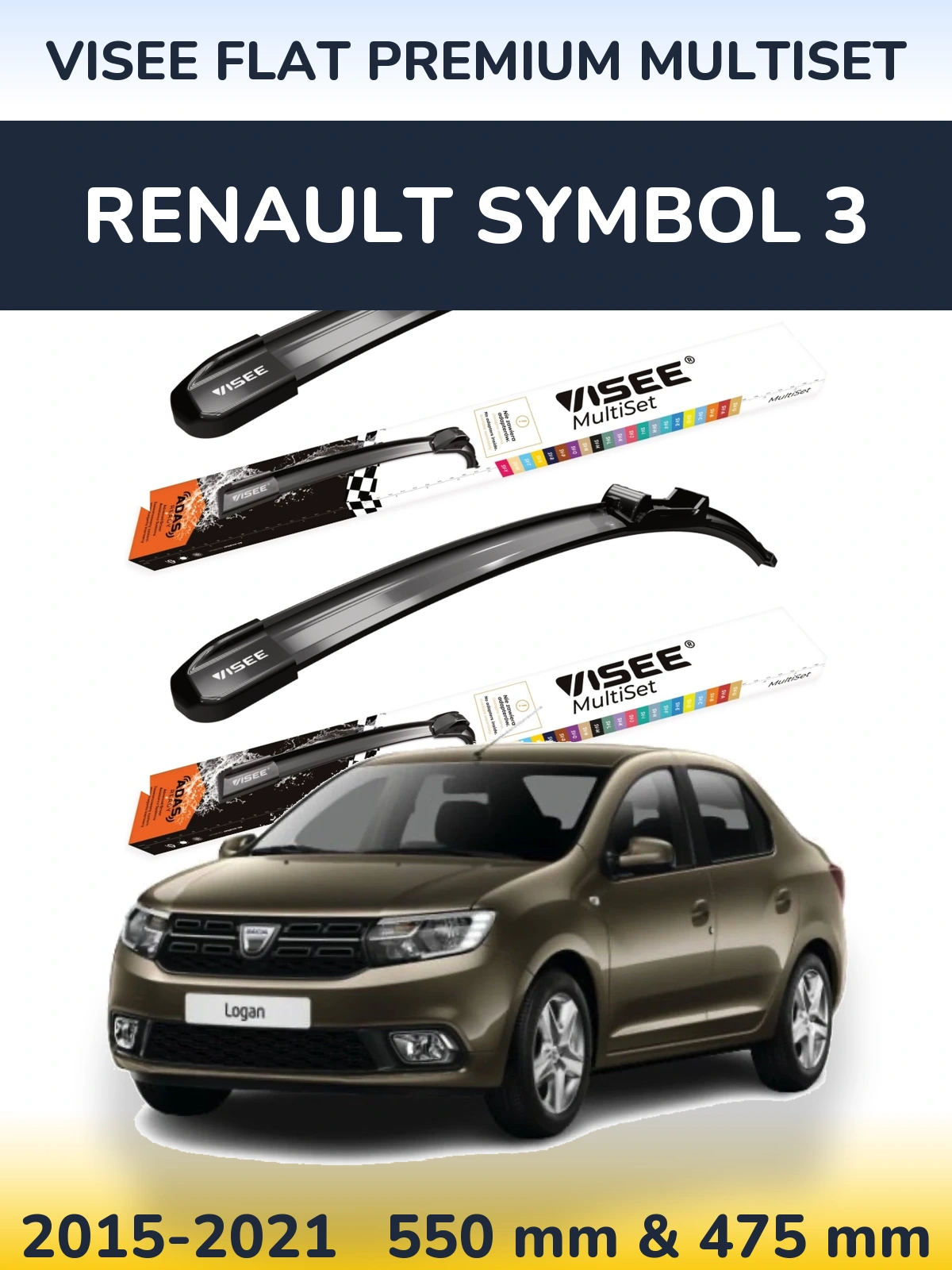 Комплект передних дворников VISEE FLAT PREMIUM MultiSet 550 & 475 мм для Renault Symbol 3 2015-2021