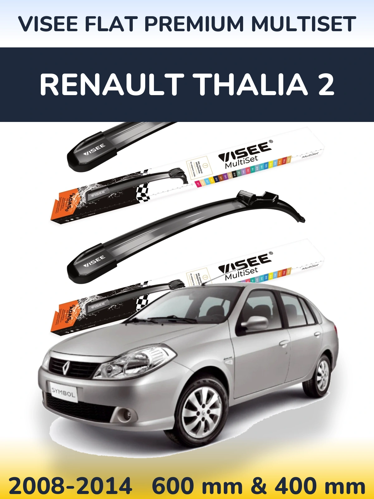 Front wiper blade set VISEE FLAT PREMIUM MultiSet 600 & 400 mm for Renault Thalia 2 2008-2014