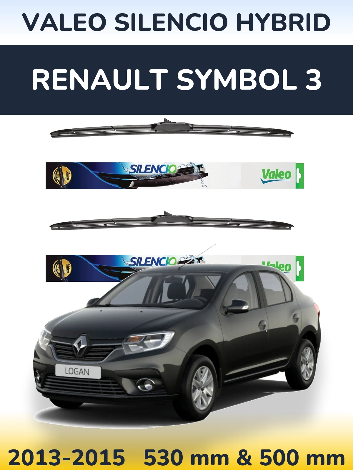 Front wiper blade set Valeo Silencio Hybrid 530 & 500 mm for Renault Symbol 3 2013-2015