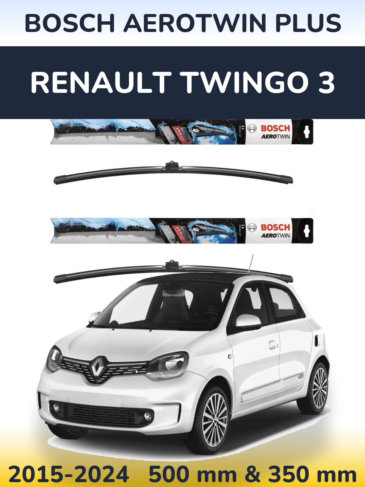 Front wiper blade set BOSCH AeroTwin Plus 500 & 350 mm for Renault Twingo 3 2015-2024