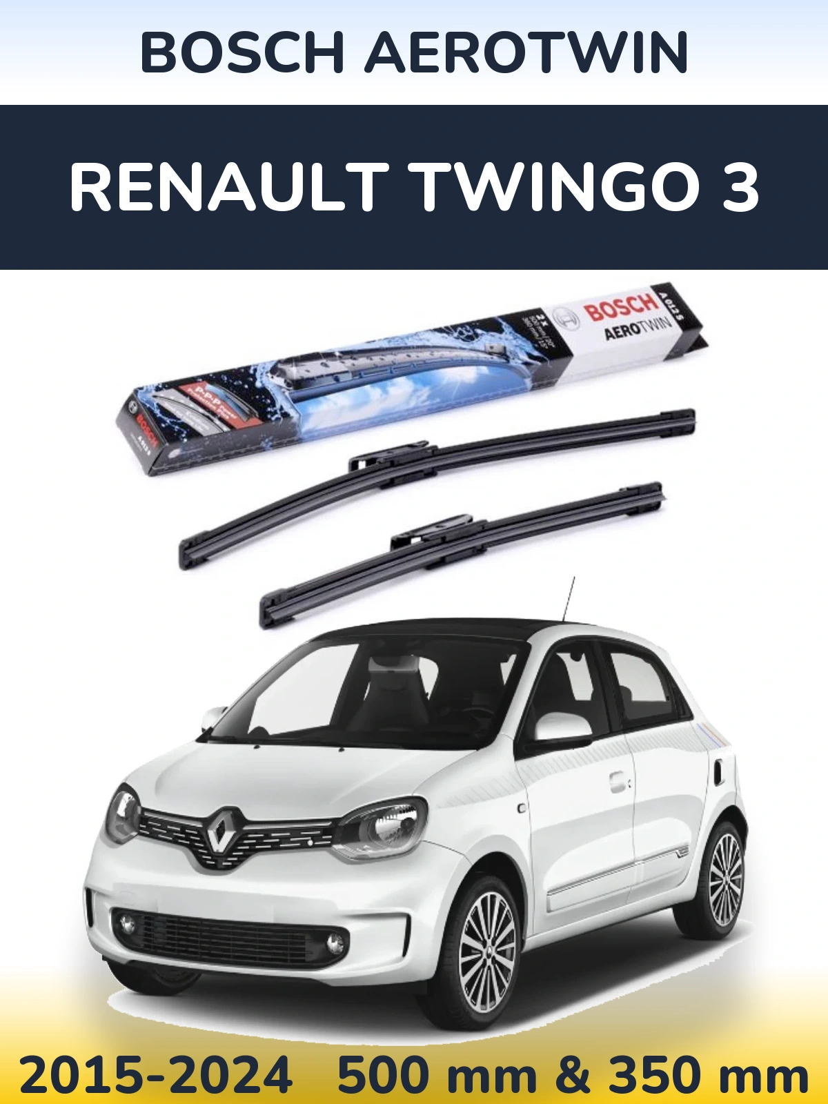 Front wiper blade set BOSCH AeroTwin 500 & 360 mm for Renault Twingo 3 2015-2024