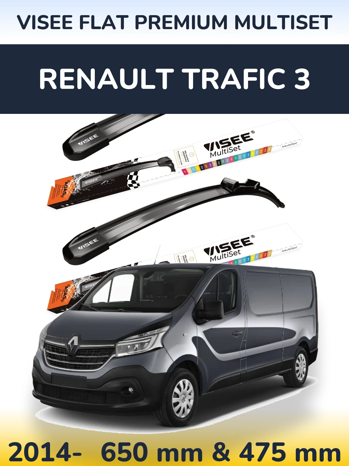 Komplet przednich wycieraczek VISEE FLAT PREMIUM MultiSet 650 & 475 mm do Renault Trafic 3 2014-2026