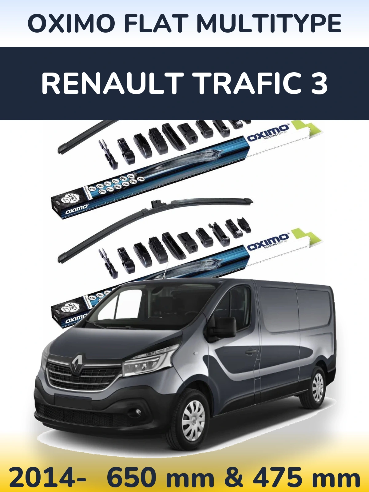 Комплект передних дворников Oximo Flat MultiТипe 650 & 475 мм для Renault Trafic 3 2014-2026