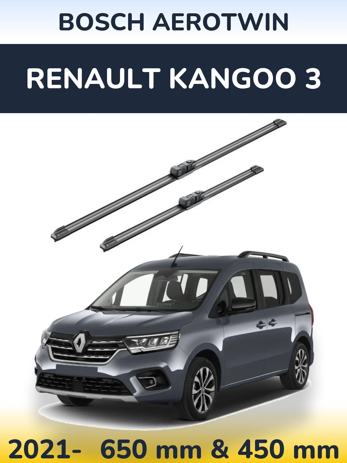 Комплект передних дворников BOSCH AeroTwin 650 & 450 мм для Renault Kangoo 3 2021-2026