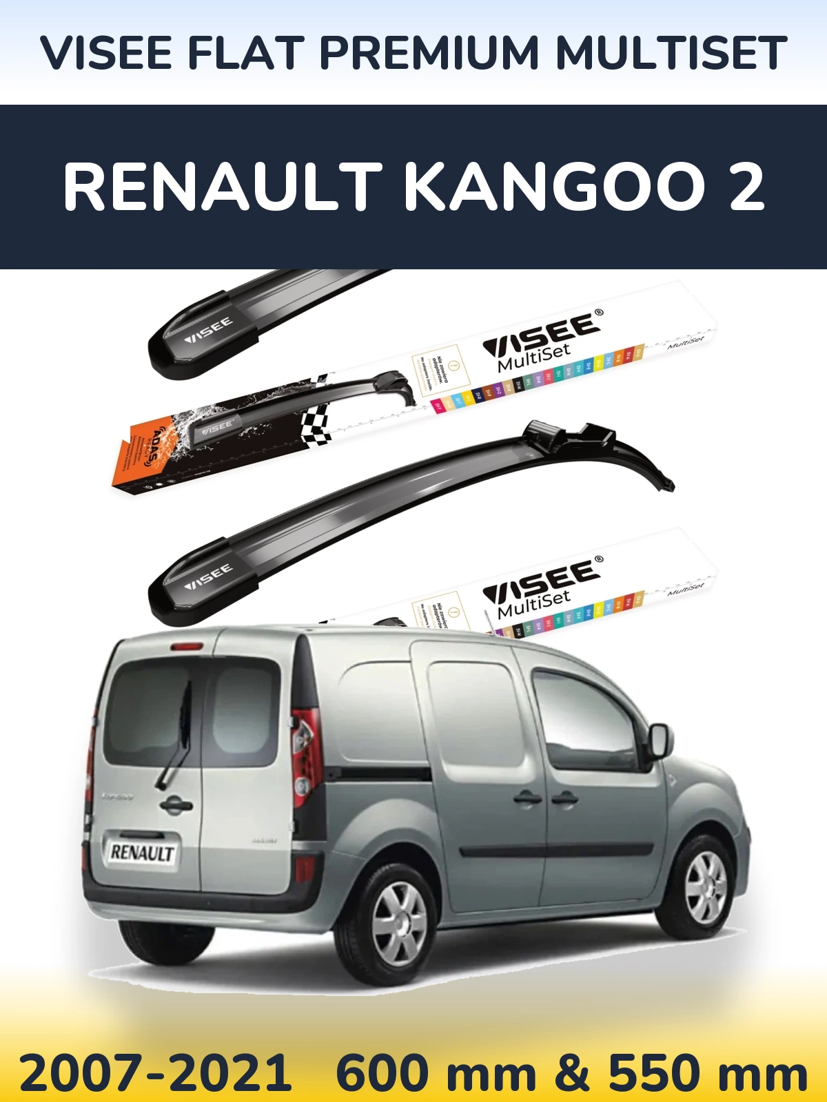 Front wiper blade set VISEE FLAT PREMIUM MultiSet 600 & 550 mm for Renault Kangoo 2 2007-2021