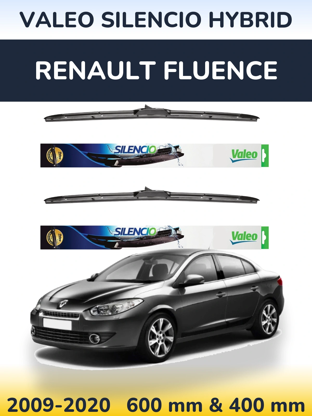 Front wiper blade set Valeo Silencio Hybrid 600 & 400 mm for Renault Fluence 2009-2020