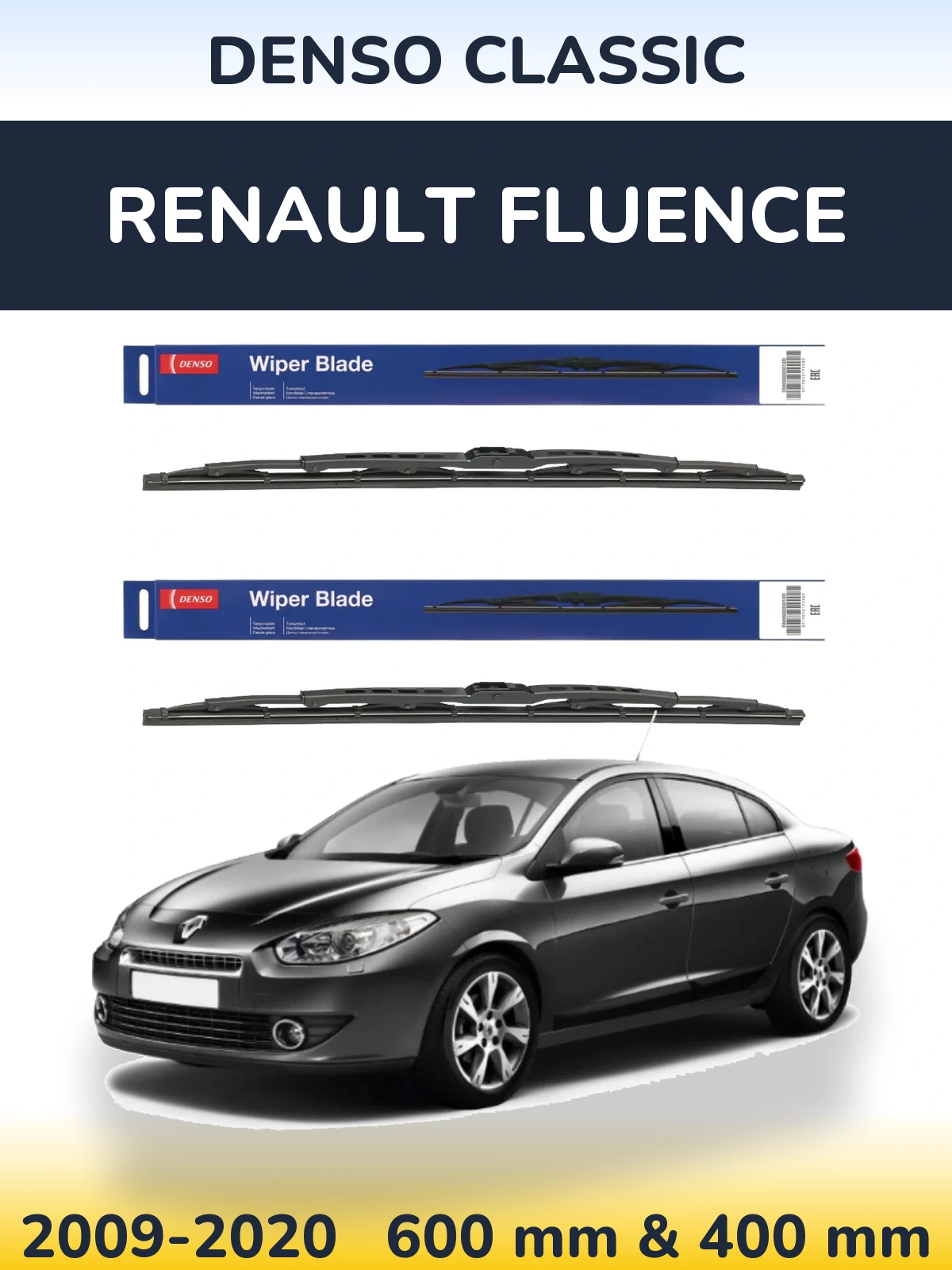 Front wiper blade set Denso Classic 600 & 400 mm for Renault Fluence 2009-2020