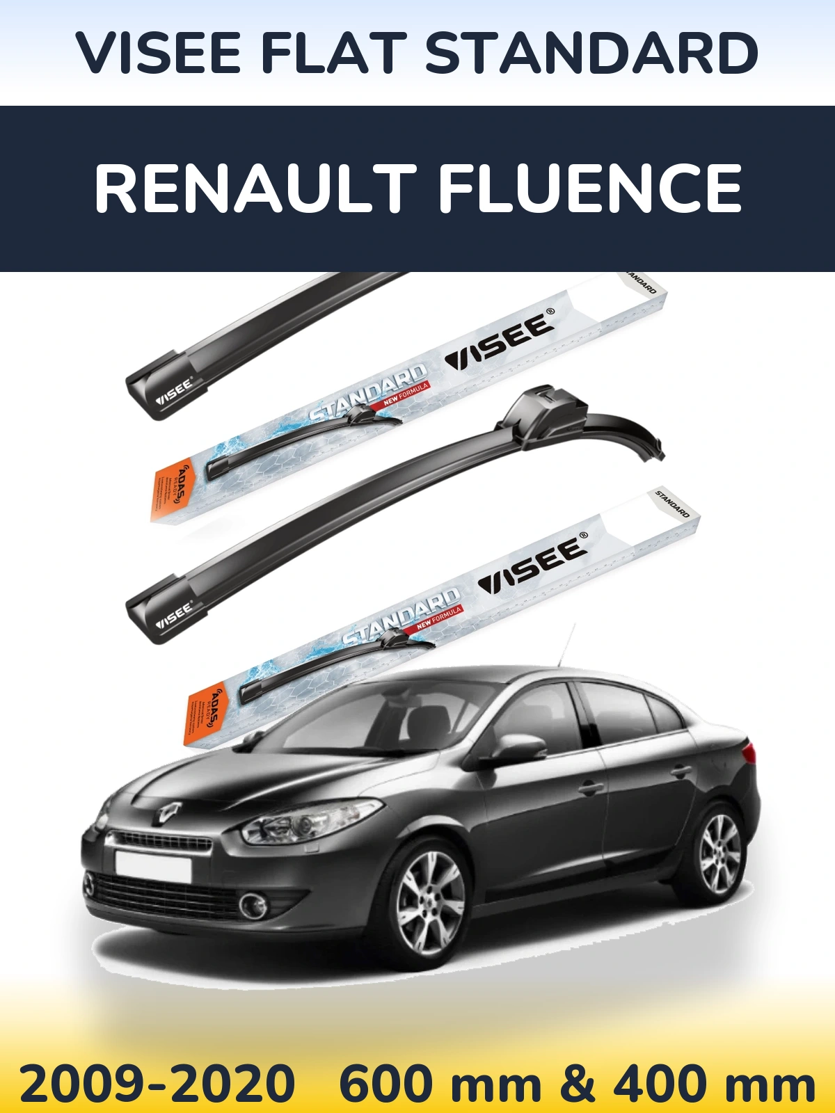 Komplet przednich wycieraczek VISEE FLAT STANDARD 600 & 400 mm do Renault Fluence 2009-2020