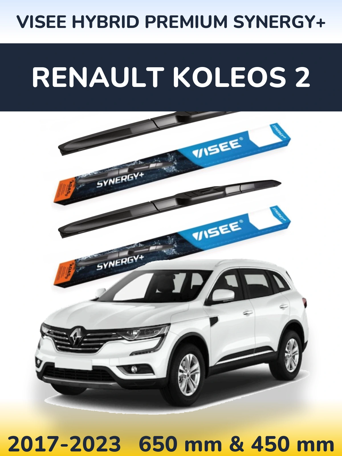 Front wiper blade set VISEE HYBRID PREMIUM SYNERGY+ 650 & 450 mm for Renault Koleos 2 2017-2023