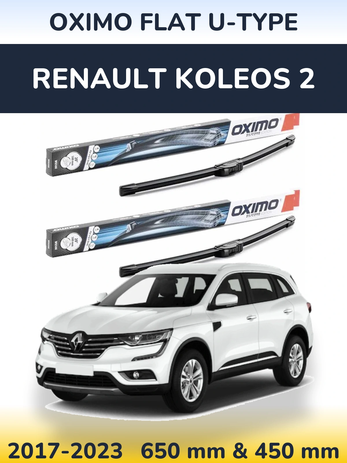 Комплект передних дворников Oximo Flat U-type 650 & 450 мм для Renault Koleos 2 2017-2023