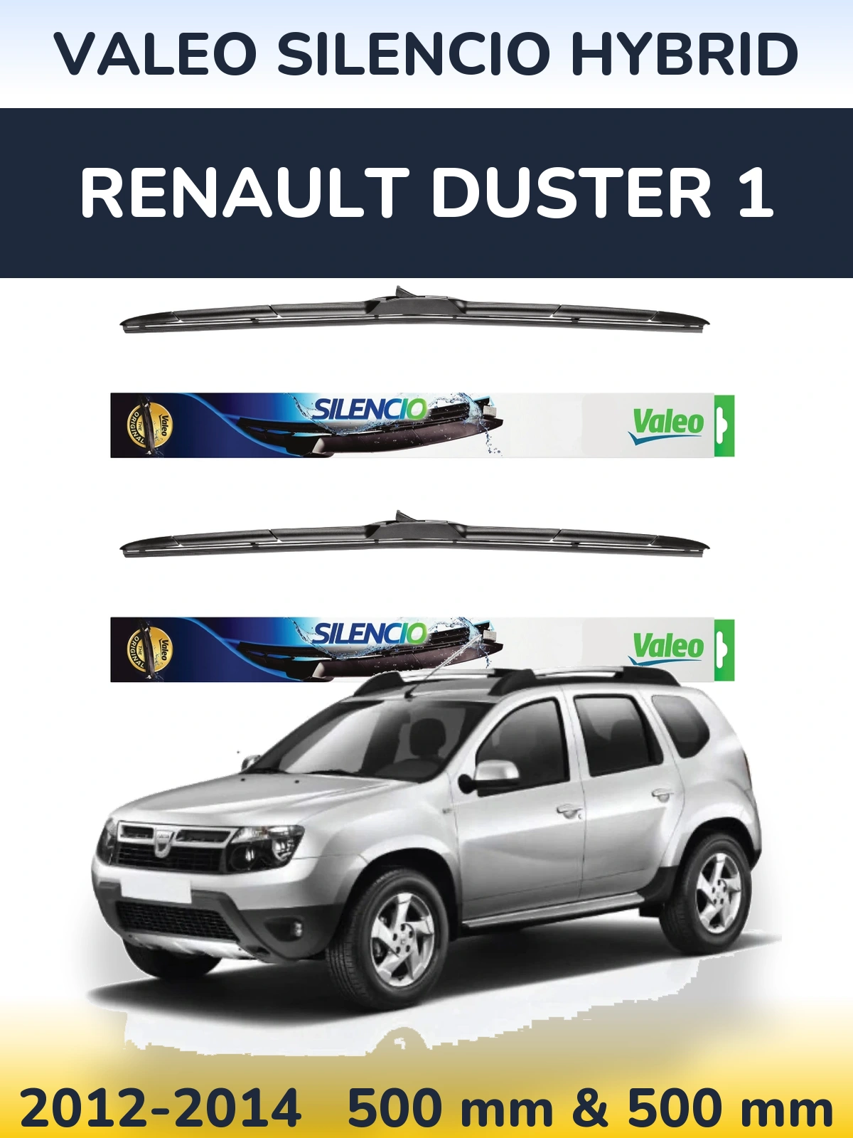 Front wiper blade set Valeo Silencio Hybrid 500 & 500 mm for Renault Duster 1 2012-2014