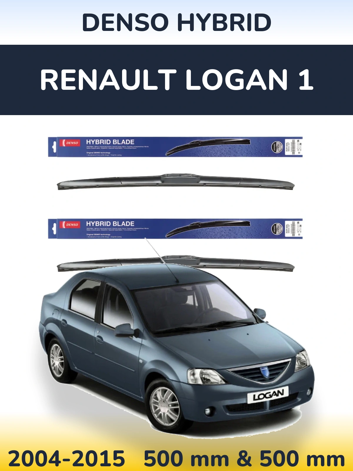 Front wiper blade set Denso Hybrid 500 & 500 mm for Renault Logan 1 2004-2015