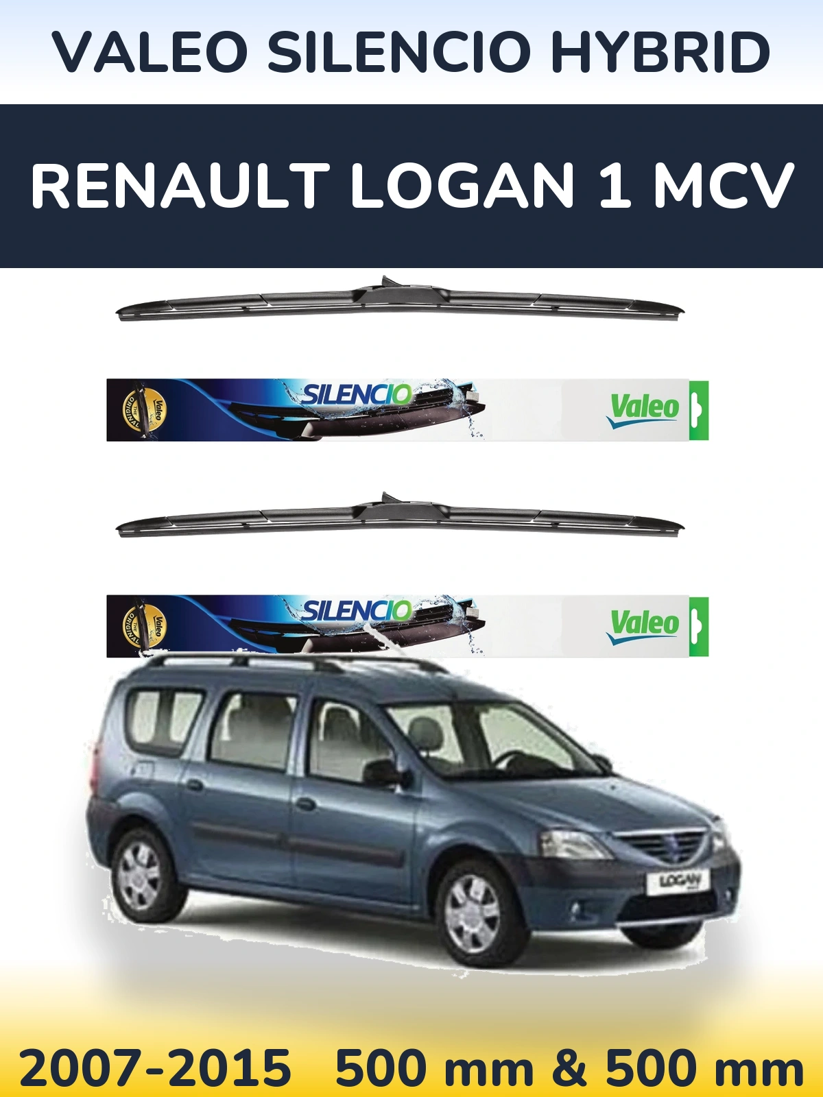 Front wiper blade set Valeo Silencio Hybrid 500 & 500 mm for Renault Logan 1 MCV 2007-2015