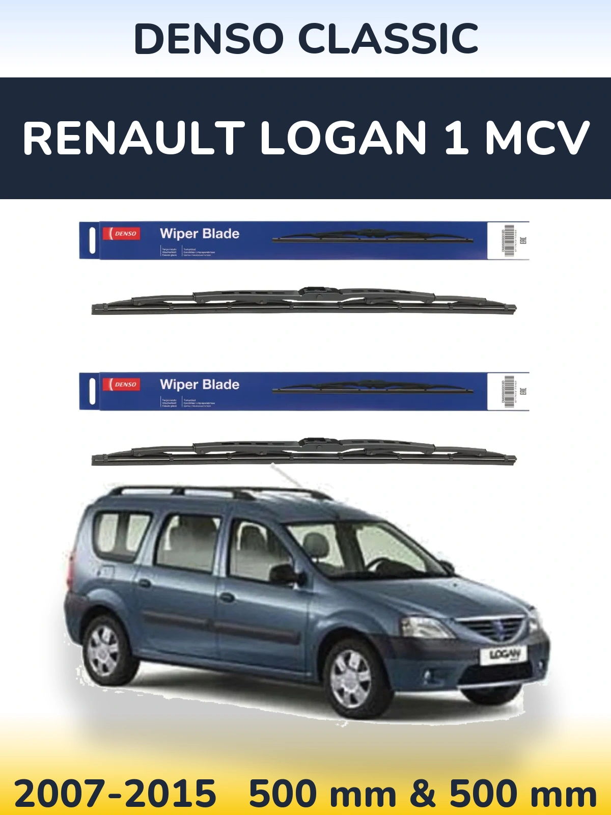 Front wiper blade set Denso Classic 500 & 500 mm for Renault Logan 1 MCV 2007-2015