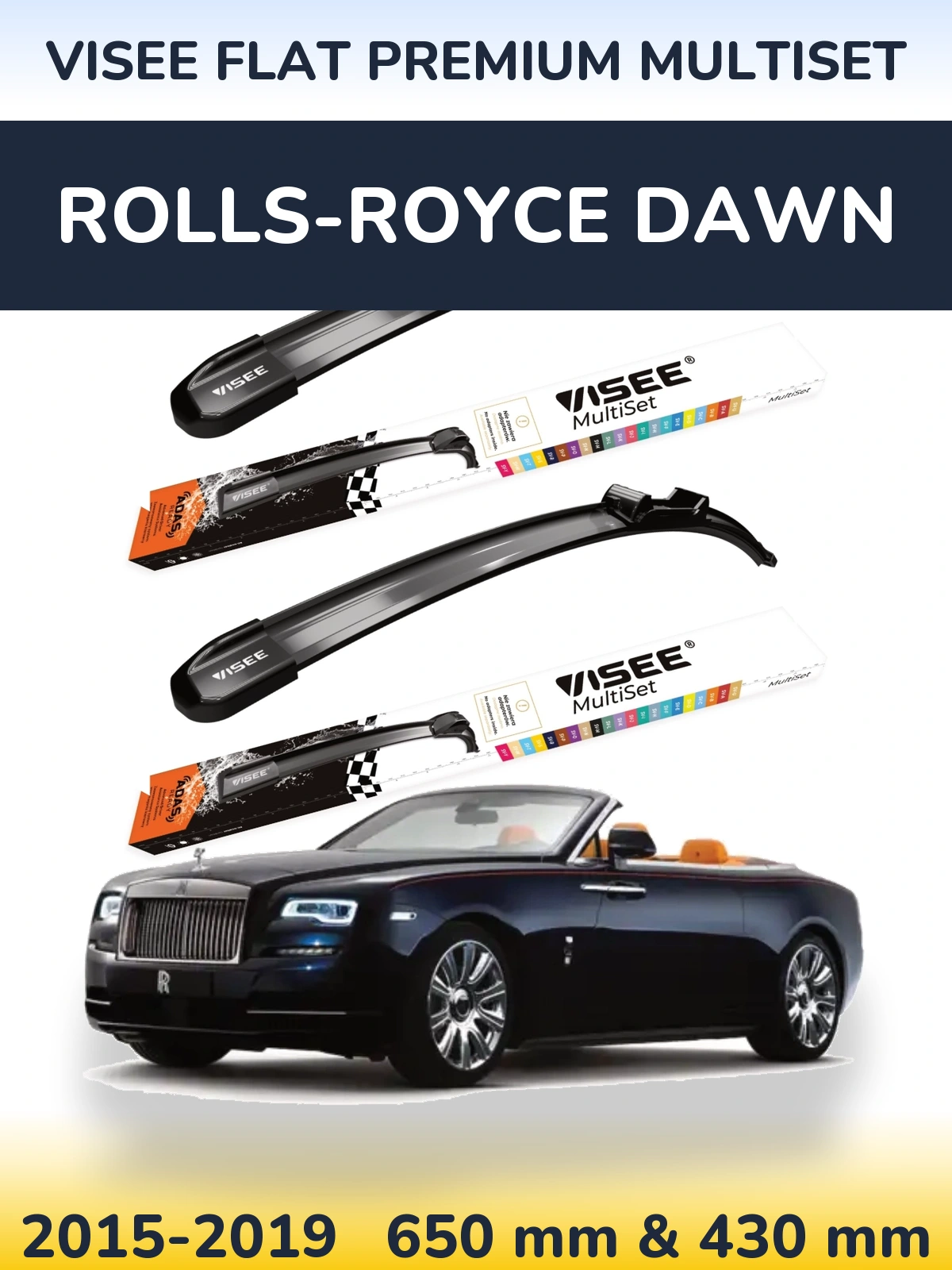 Комплект передніх щіток VISEE FLAT PREMIUM MultiSet 650 & 430 мм для Rolls-Royce Dawn 2015-2019