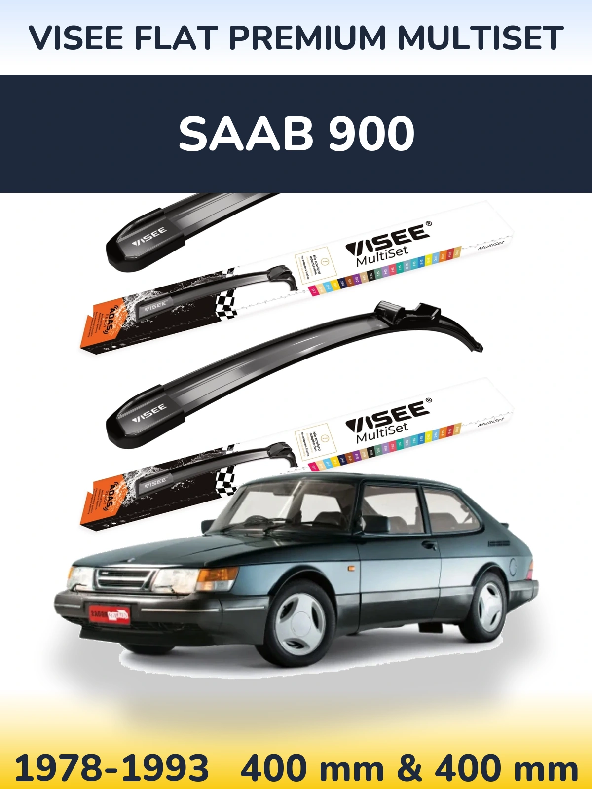 Front wiper blade set VISEE FLAT PREMIUM MultiSet 400 & 400 mm for SAAB 900 1978-1993