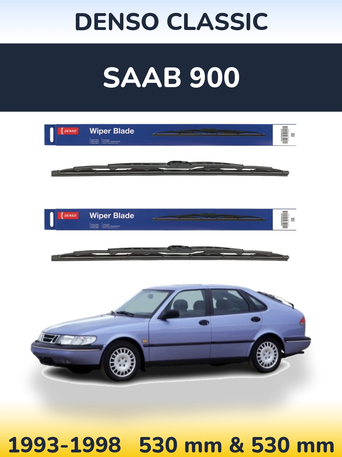 Front wiper blade set Denso Classic 530 & 530 mm for SAAB 900 1993-1998