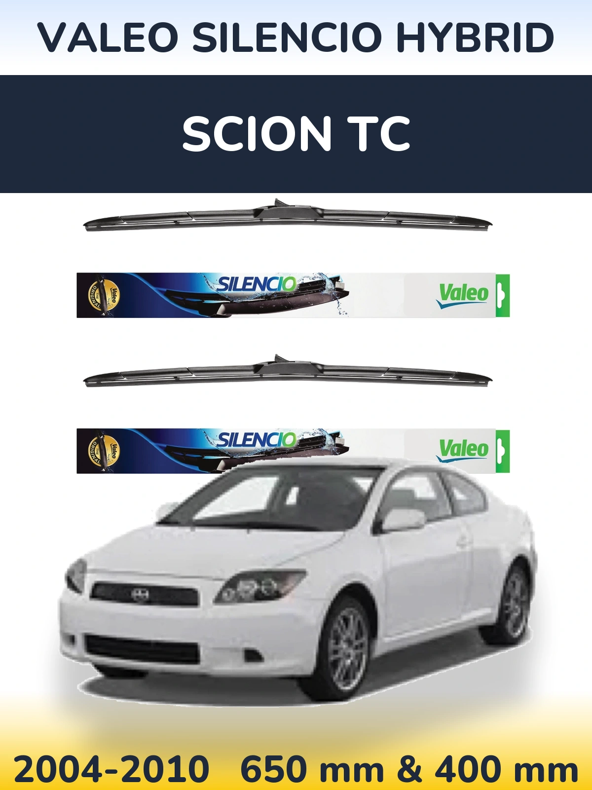 Front wiper blade set Valeo Silencio Hybrid 650 & 400 mm for Scion tC 2004-2010
