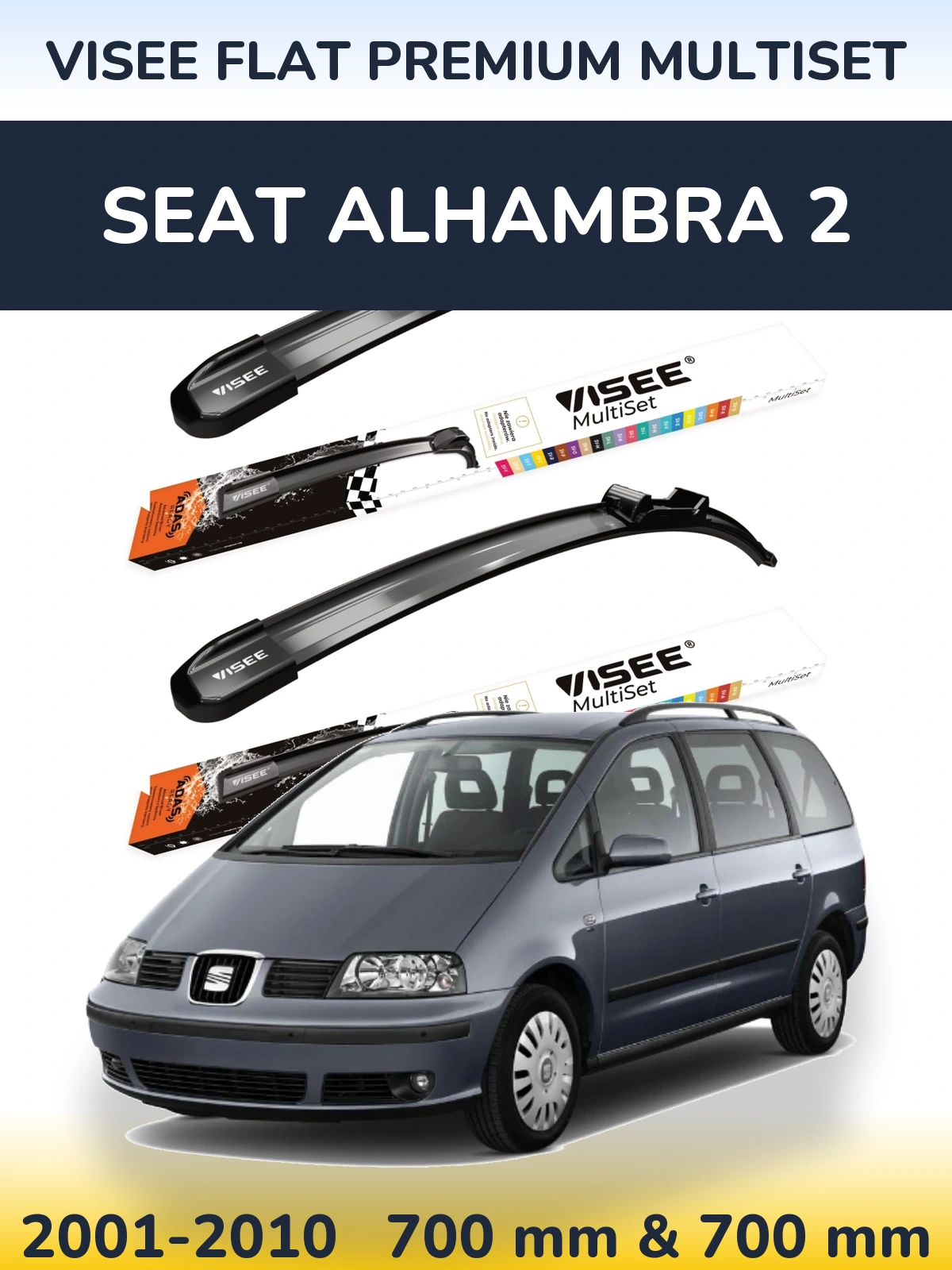 Front wiper blade set VISEE FLAT PREMIUM MultiSet 700 & 700 mm for SEAT Alhambra 2 2001-2010