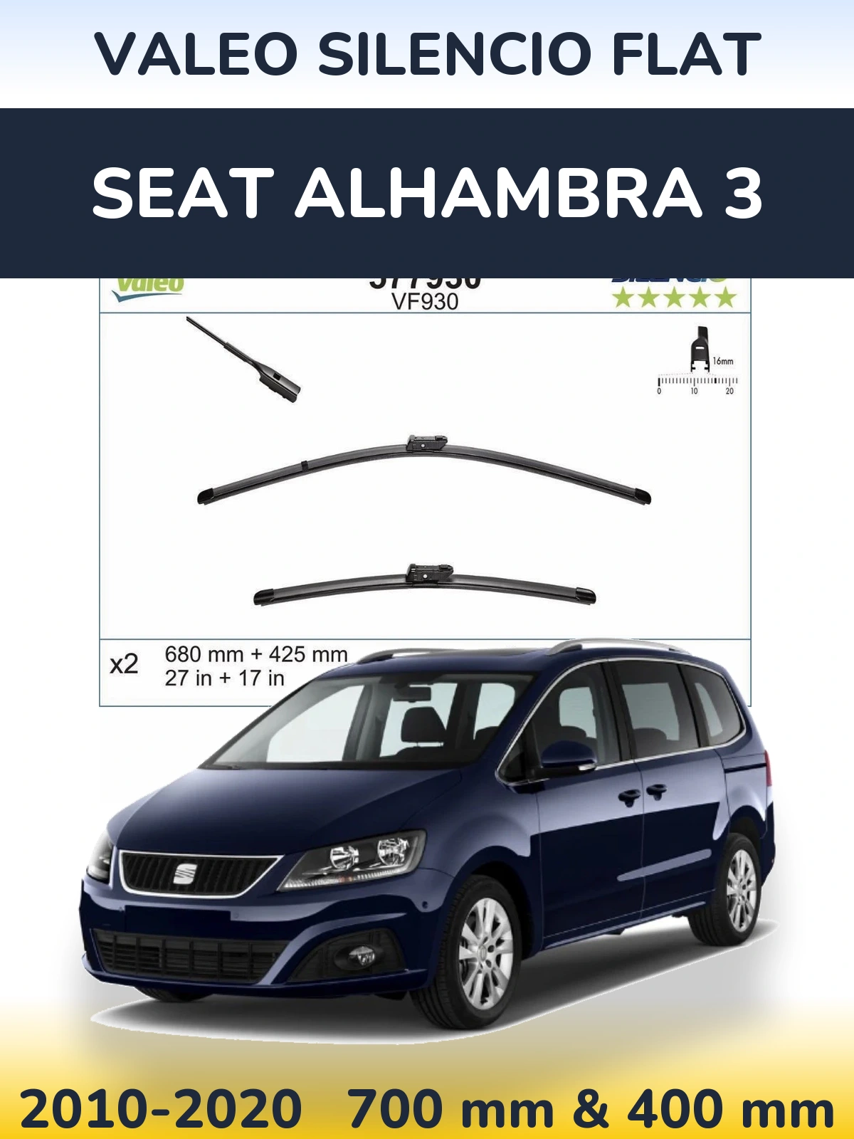 Komplet przednich wycieraczek Valeo Silencio Flat 680 & 400 mm do SEAT Alhambra 3 2010-2020