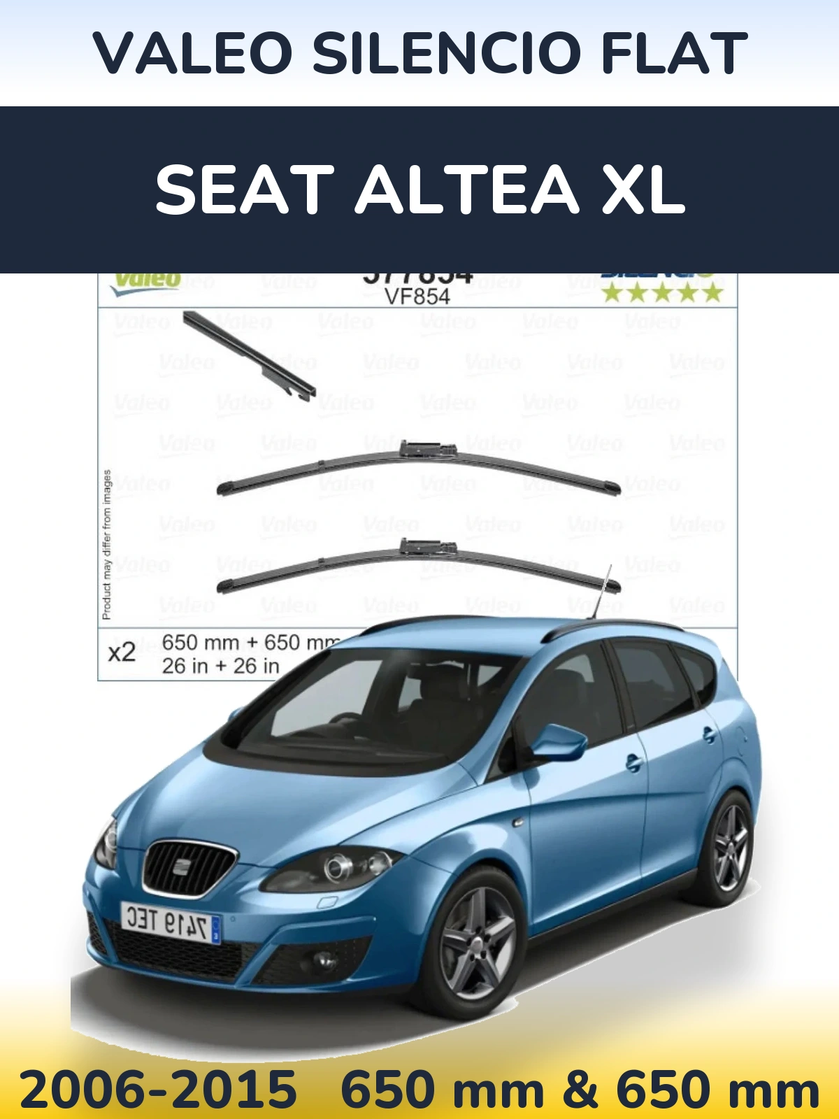 Front wiper blade set Valeo Silencio Flat 650 & 650 mm for SEAT Altea XL 2006-2015