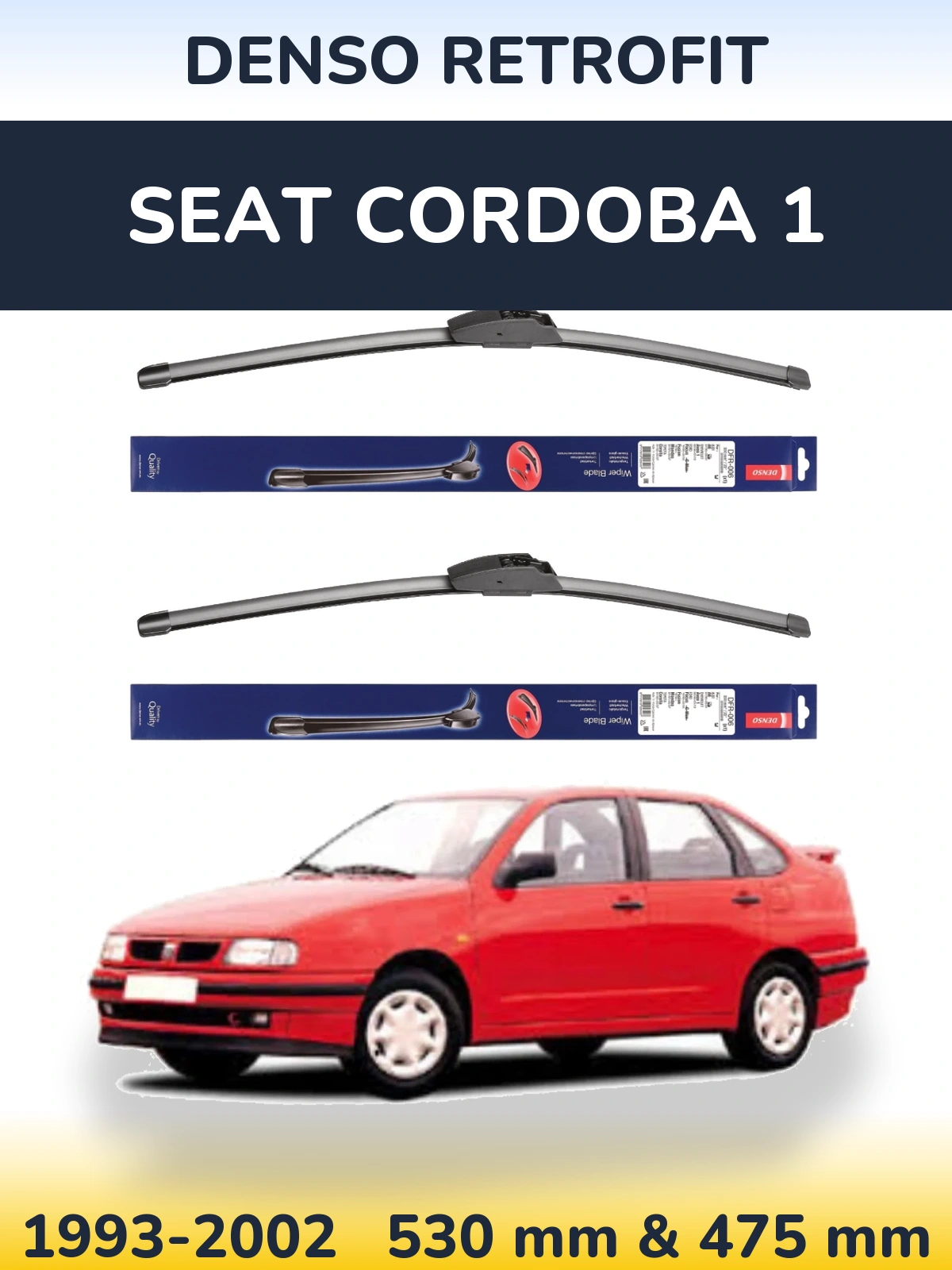 Komplet przednich wycieraczek Denso Retrofit 530 & 475 mm do SEAT Cordoba 1 1993-2002