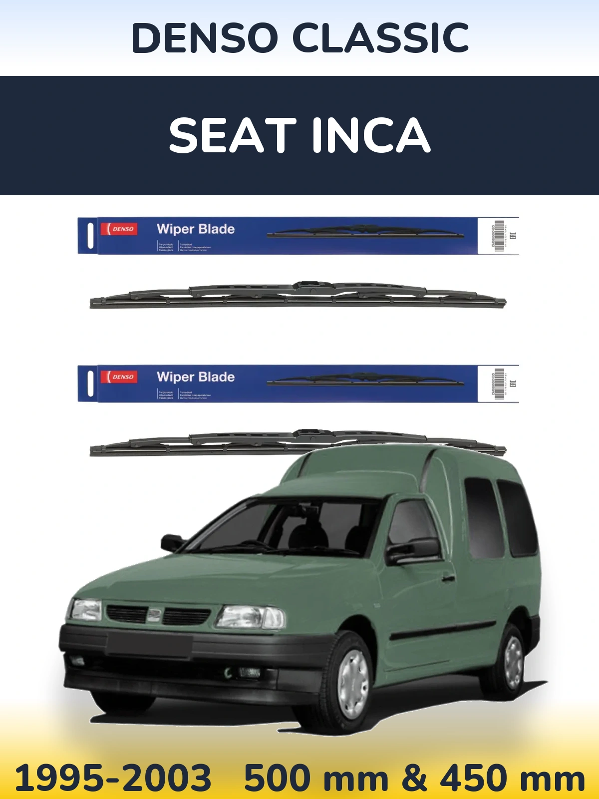 Front wiper blade set Denso Classic 500 & 450 mm for SEAT Inca 1995-2003