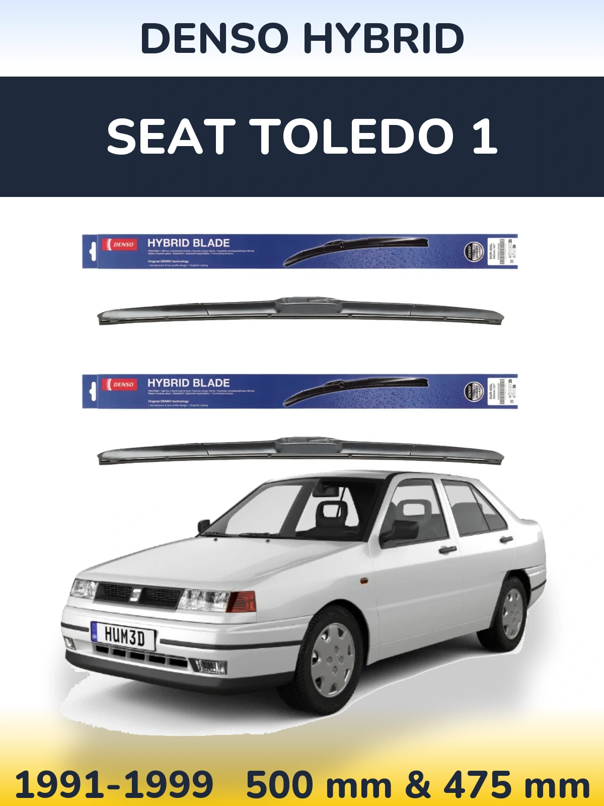 Front wiper blade set Denso Hybrid 500 & 475 mm for SEAT Toledo 1 1991-1999