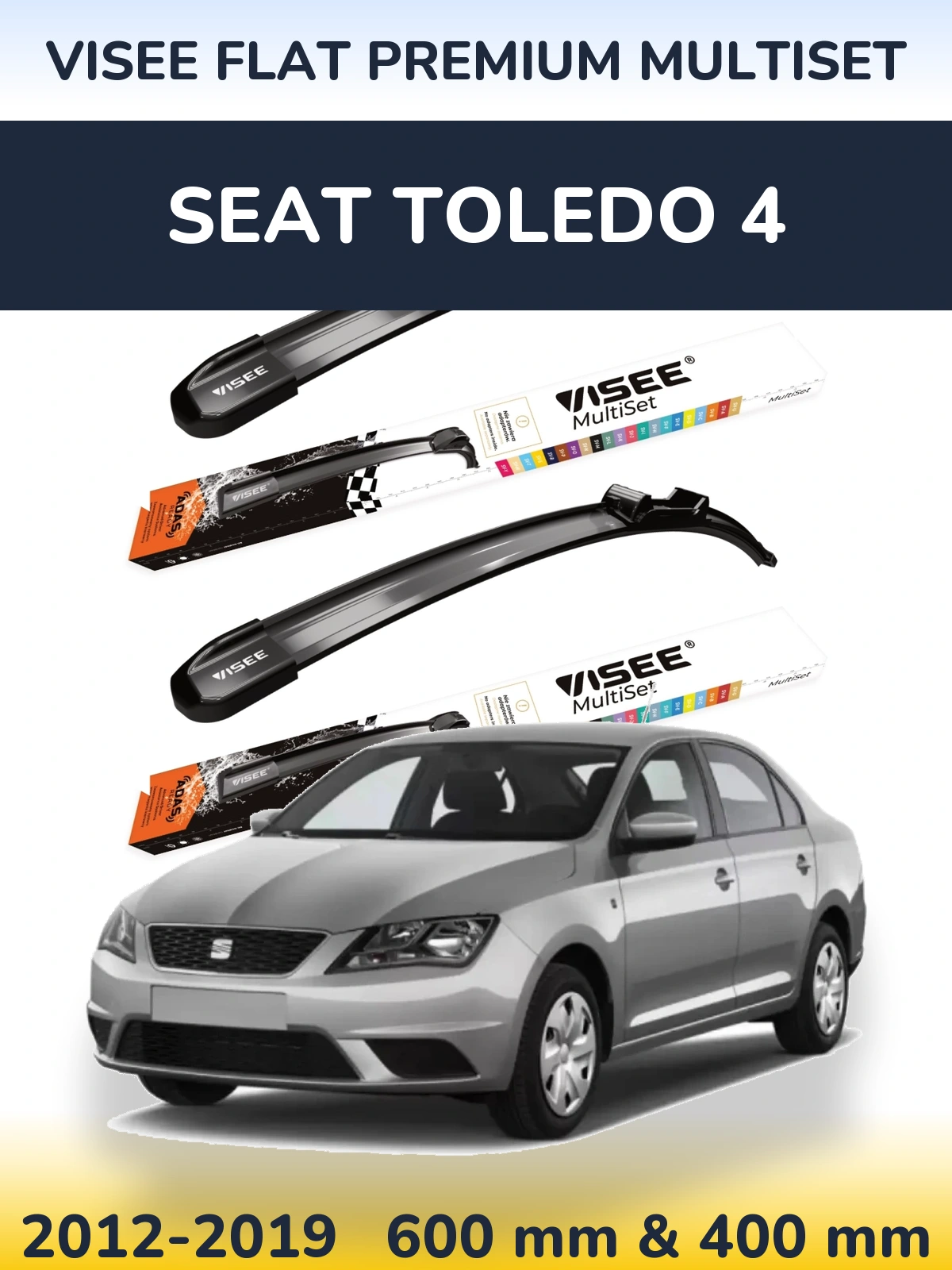 Front wiper blade set VISEE FLAT PREMIUM MultiSet 600 & 400 mm for SEAT Toledo 4 2012-2019