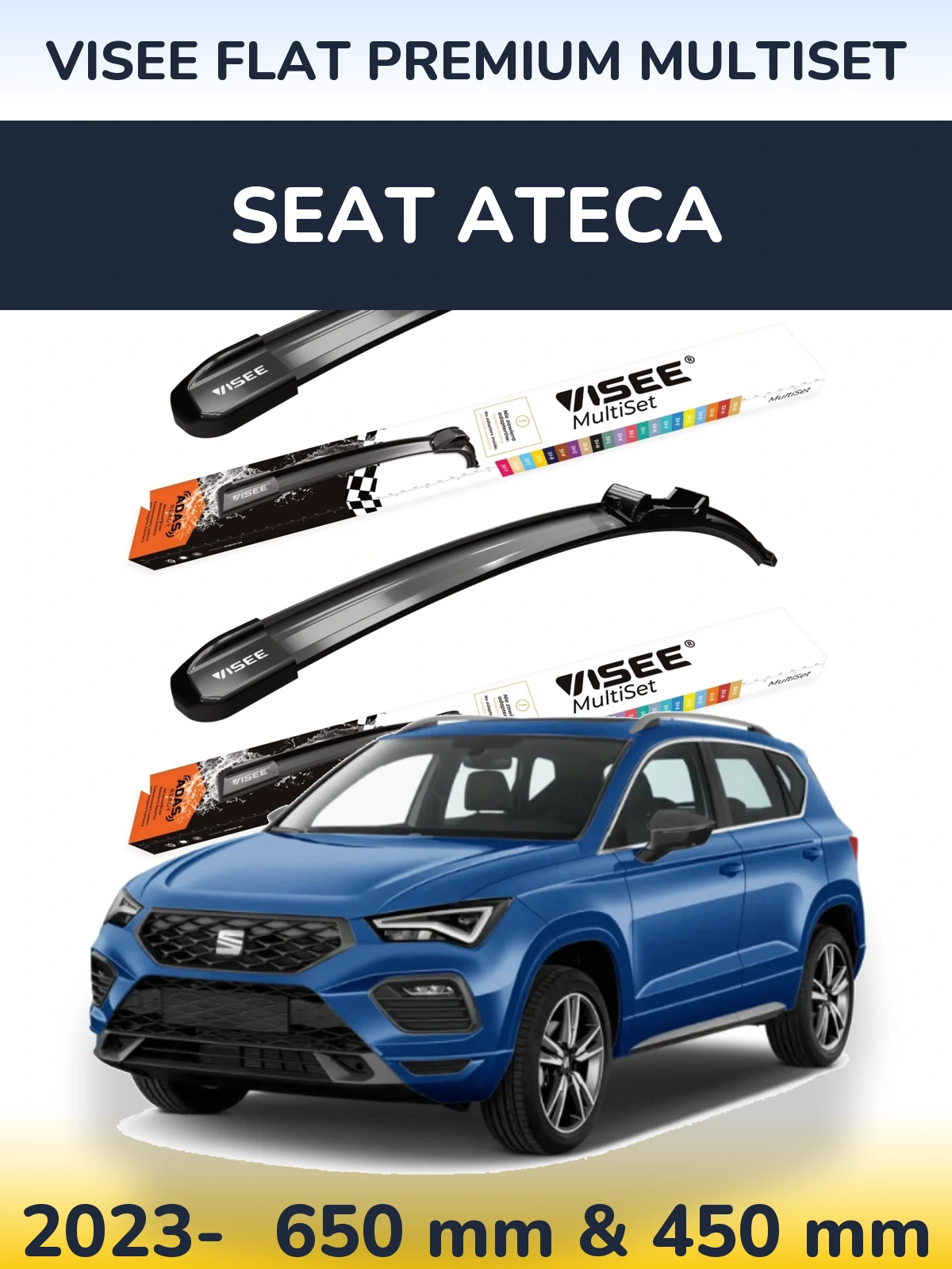 Front wiper blade set VISEE FLAT PREMIUM MultiSet 650 & 450 mm for SEAT Ateca 2023-2026