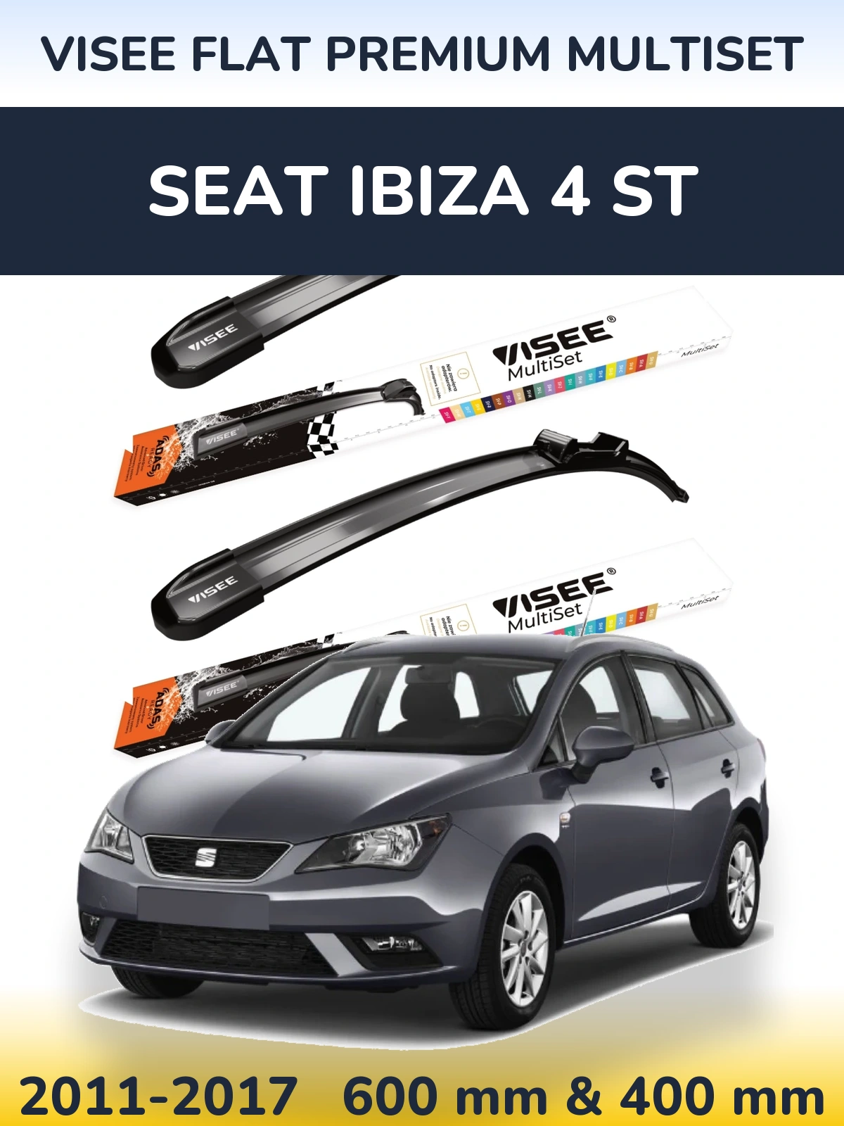 Front wiper blade set VISEE FLAT PREMIUM MultiSet 600 & 400 mm for SEAT Ibiza 4 ST 2011-2017