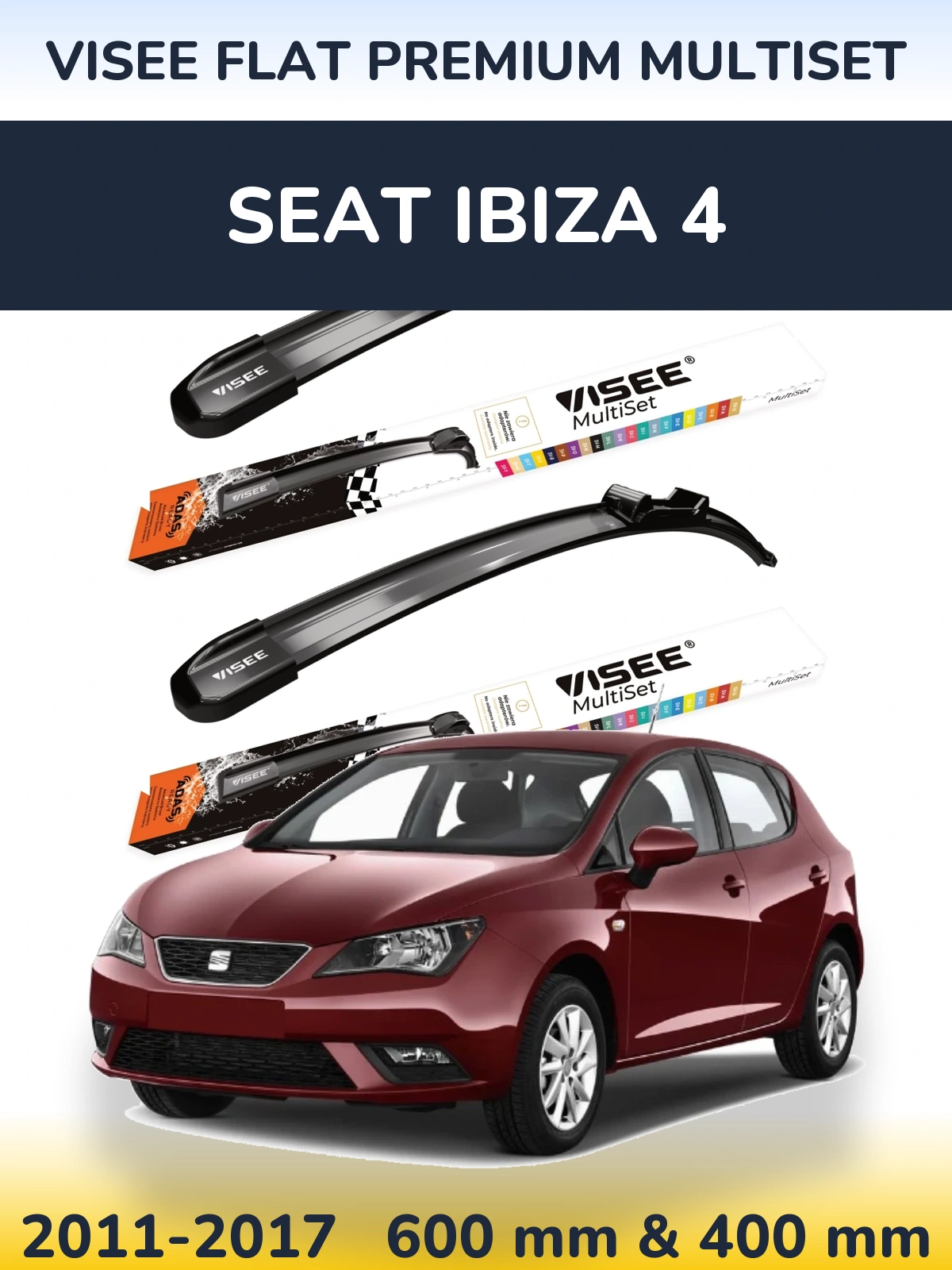 Komplet przednich wycieraczek VISEE FLAT PREMIUM MultiSet 600 & 400 mm do SEAT Ibiza 4 2011-2017
