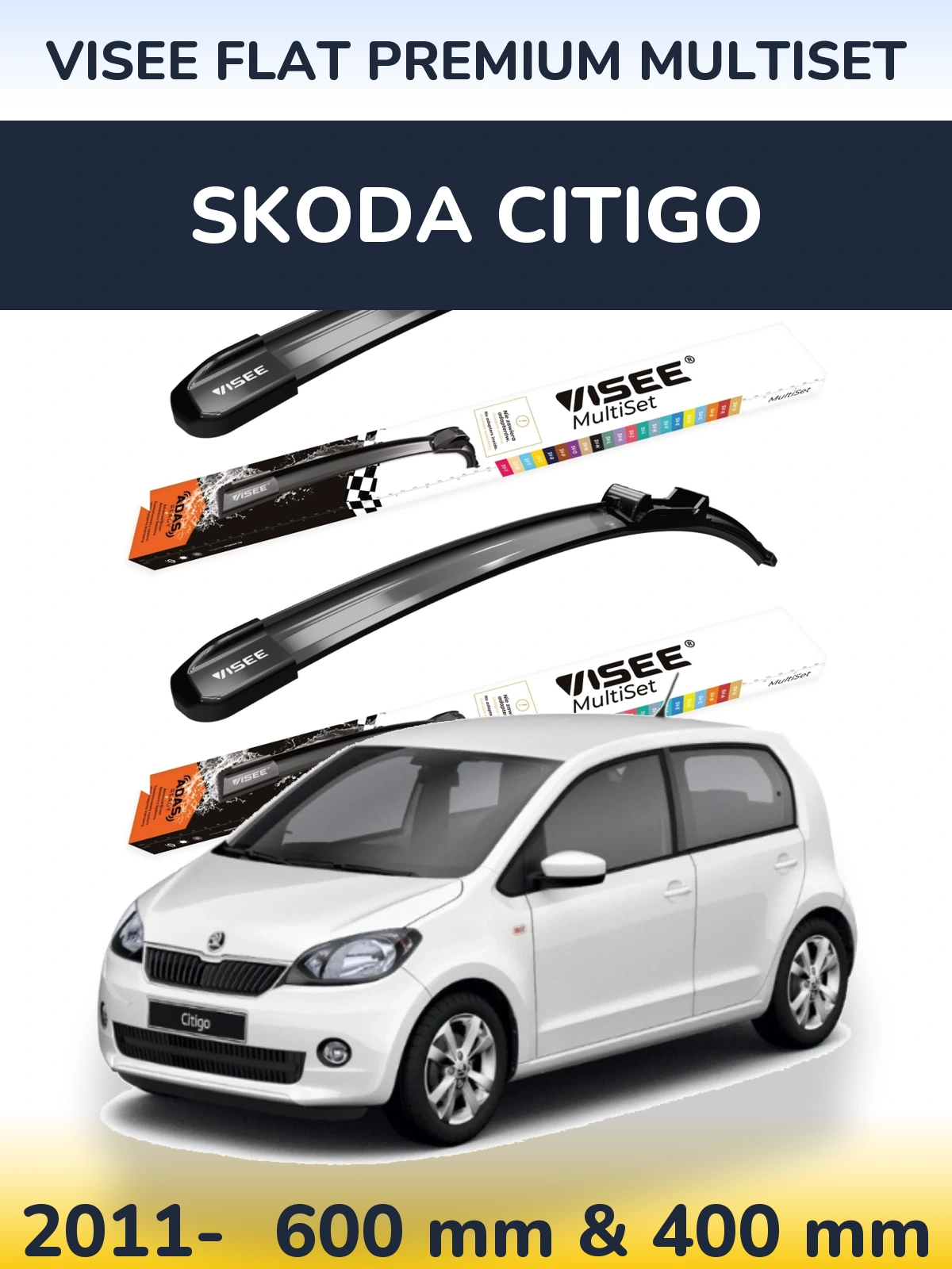 Комплект передних дворников VISEE FLAT PREMIUM MultiSet 600 & 400 мм для Skoda Citigo 2011-2026