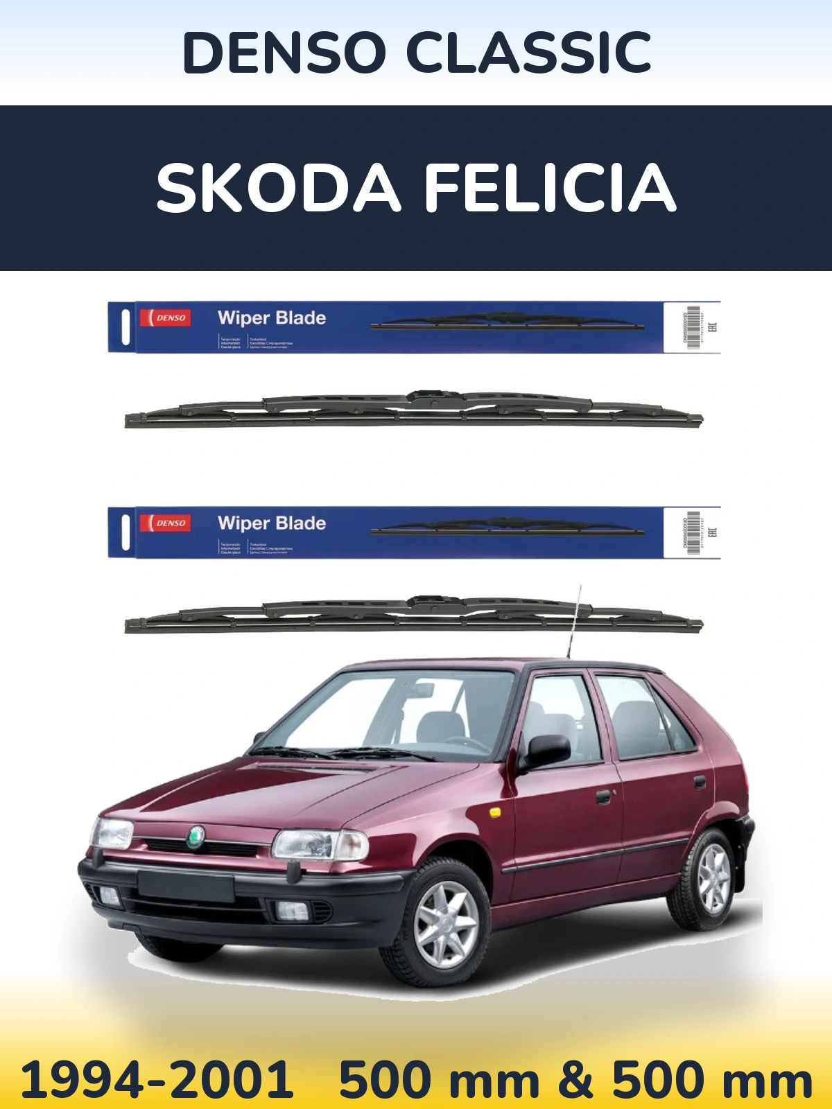 Front wiper blade set Denso Classic 500 & 500 mm for Skoda Felicia 1994-2001
