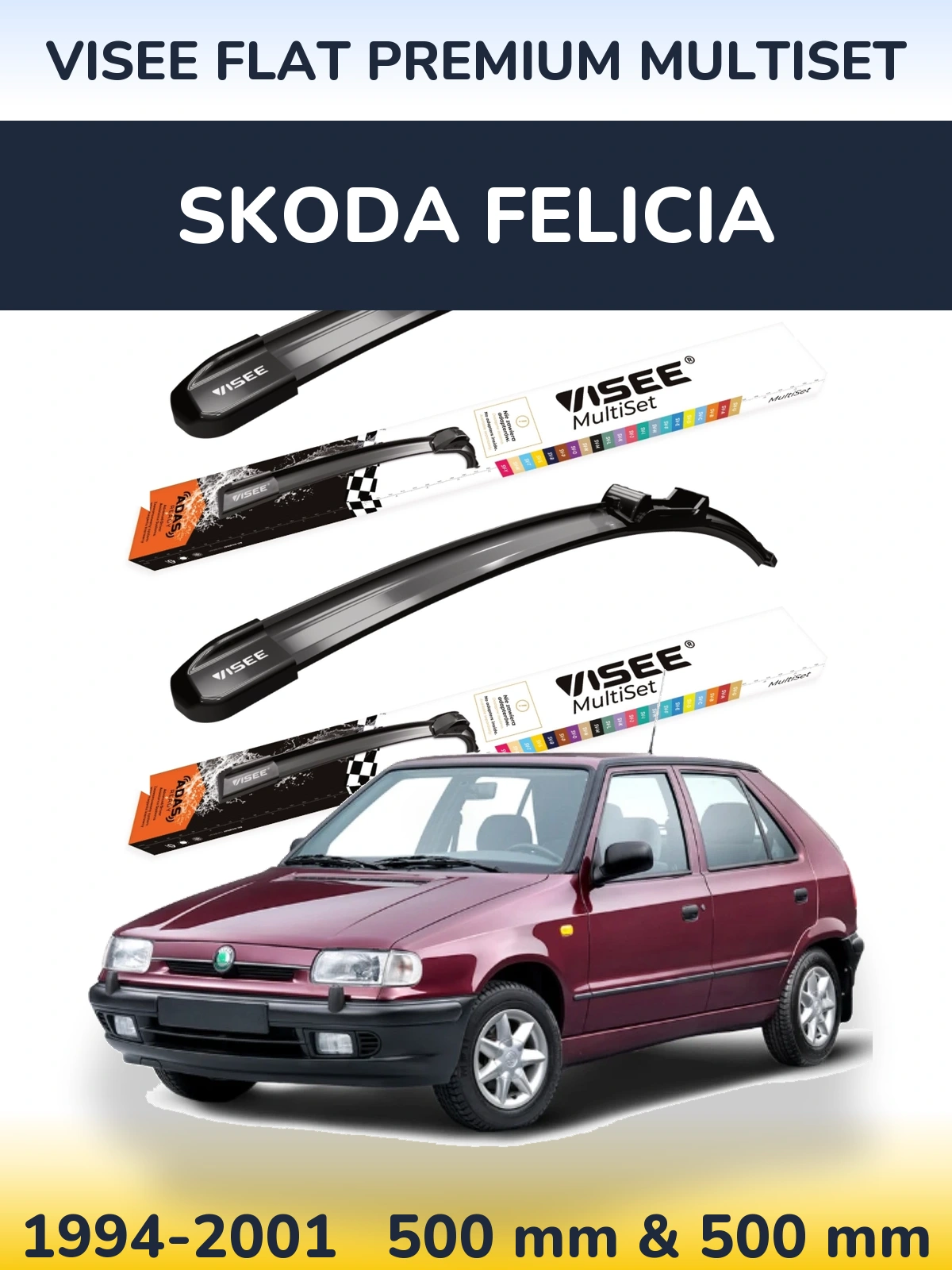 Komplet przednich wycieraczek VISEE FLAT PREMIUM MultiSet 500 & 500 mm do Skoda Felicia 1994-2001
