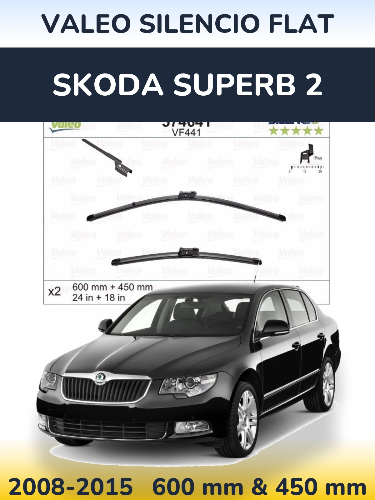 Komplet przednich wycieraczek Valeo Silencio Flat 600 & 450 mm do Skoda Superb 2 2008-2015