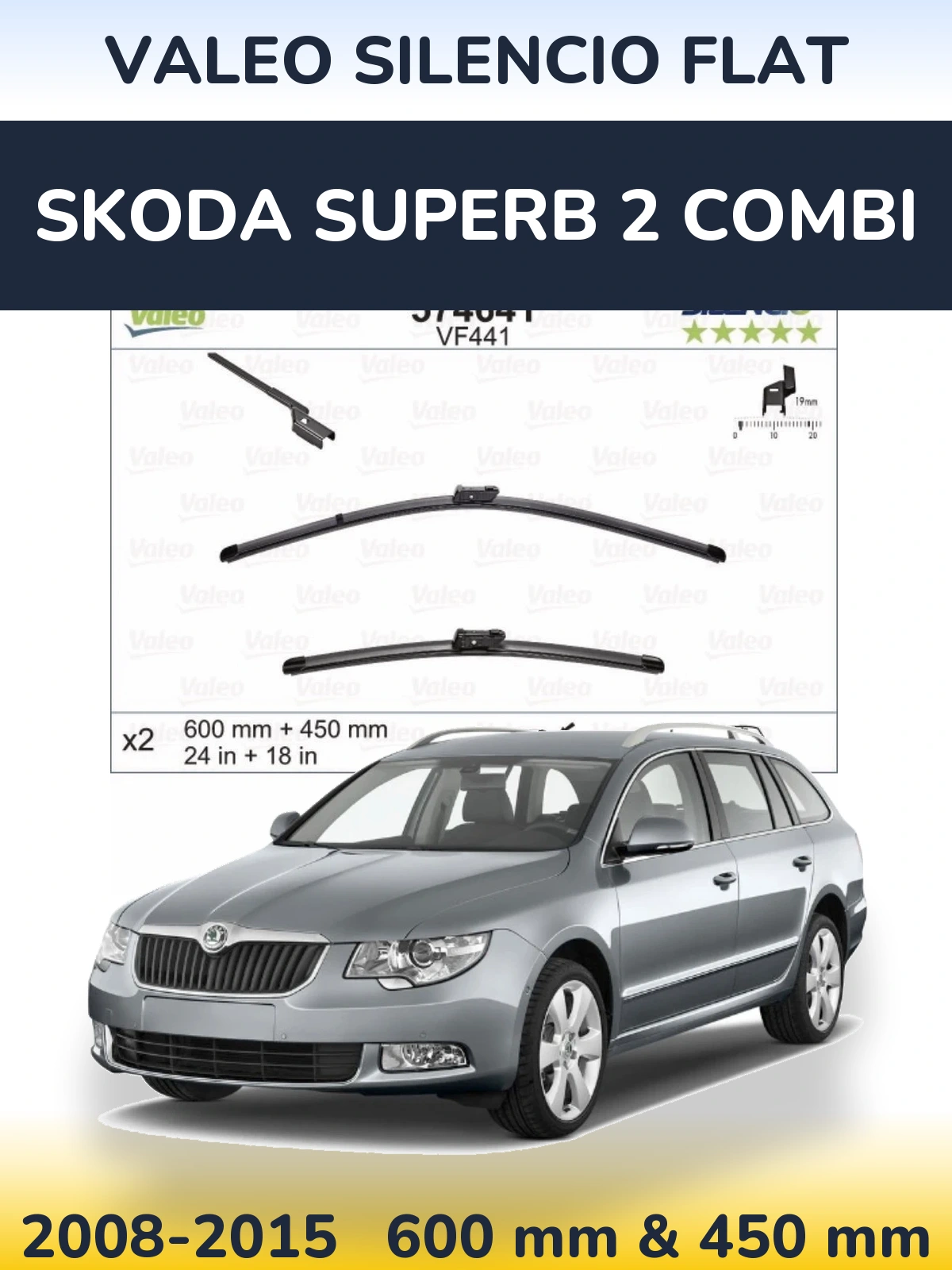 Front wiper blade set Valeo Silencio Flat 600 & 450 mm for Skoda Superb 2 Combi 2008-2015