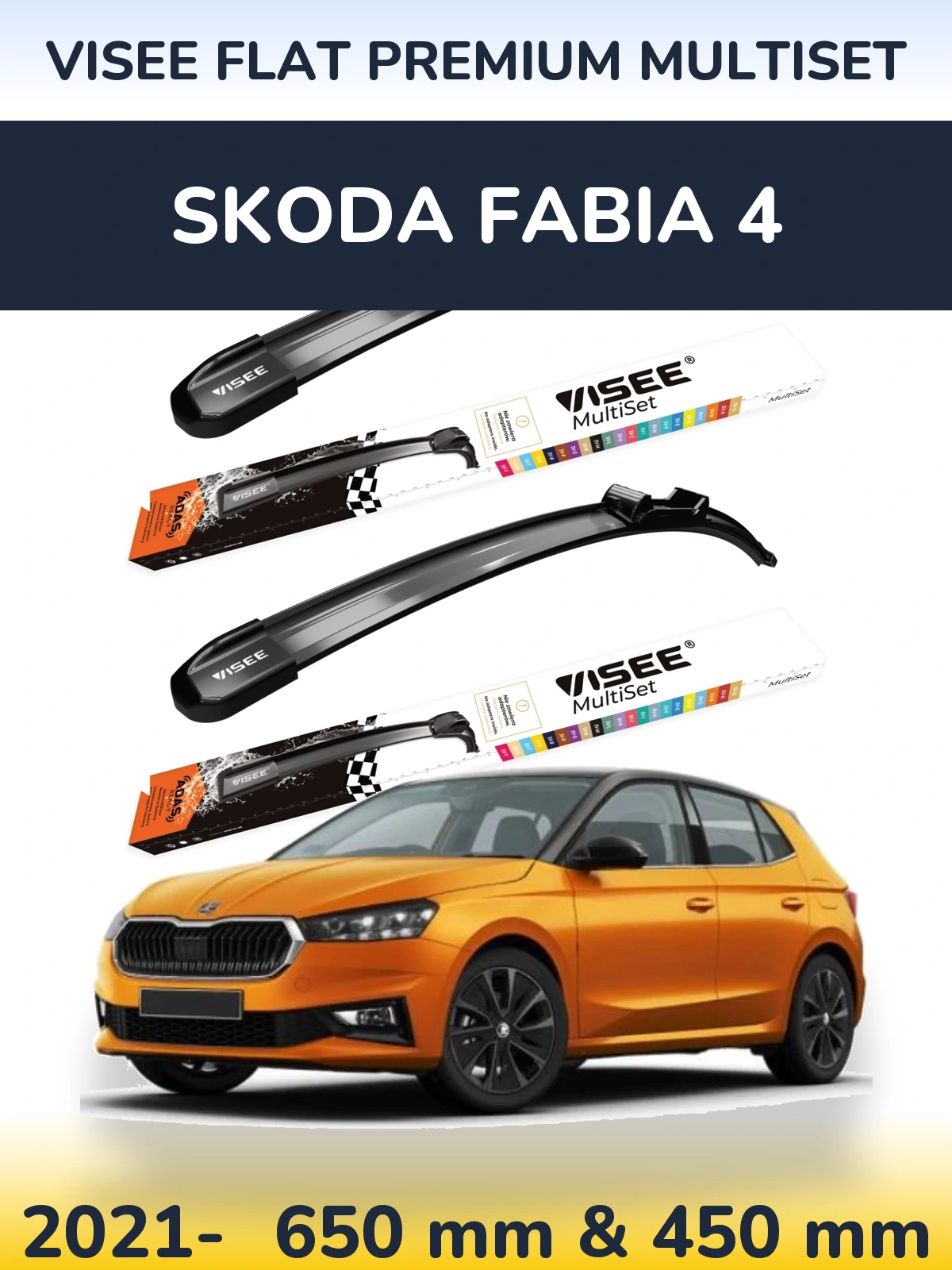 Komplet przednich wycieraczek VISEE FLAT PREMIUM MultiSet 650 & 450 mm do Skoda Fabia 4 2021-2026