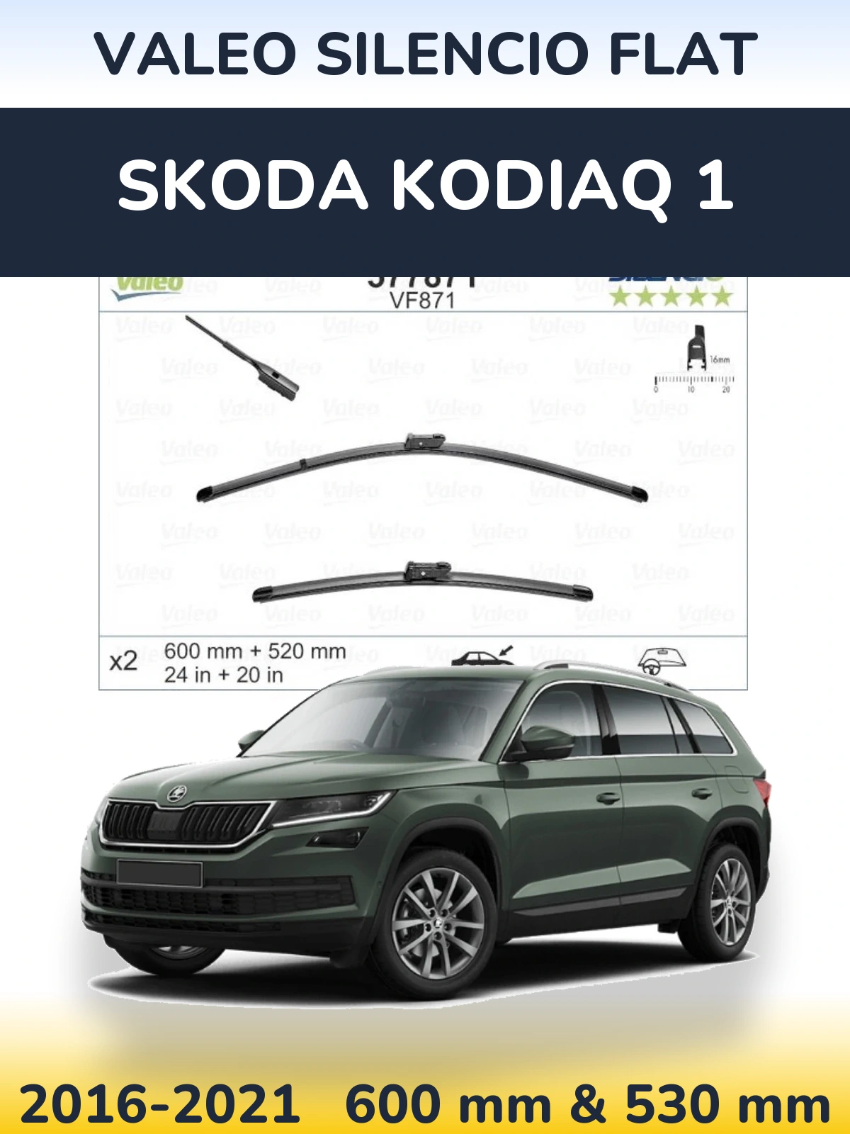 Front wiper blade set Valeo Silencio Flat 600 & 520 mm for Skoda Kodiaq 1 2016-2021