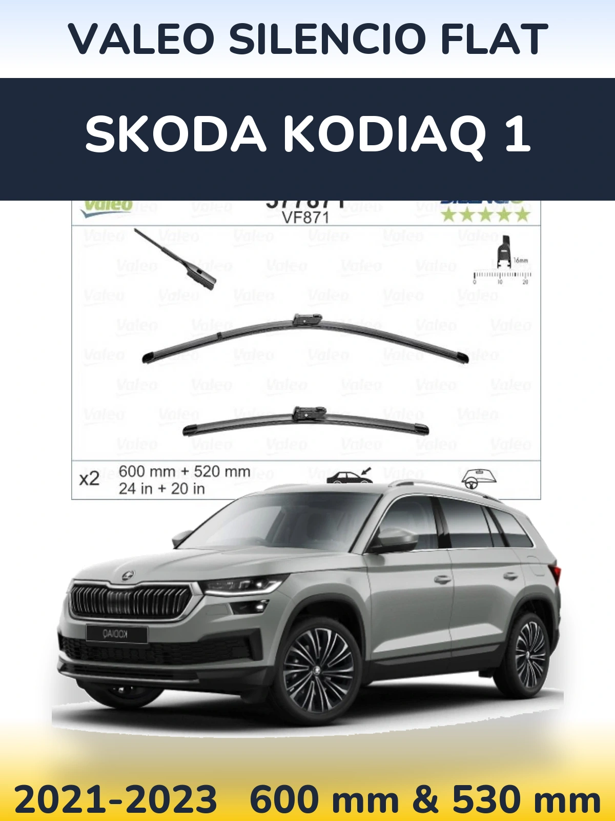 Комплект передних дворников Valeo Silencio Flat 600 & 520 мм для Skoda Kodiaq 1 2021-2023