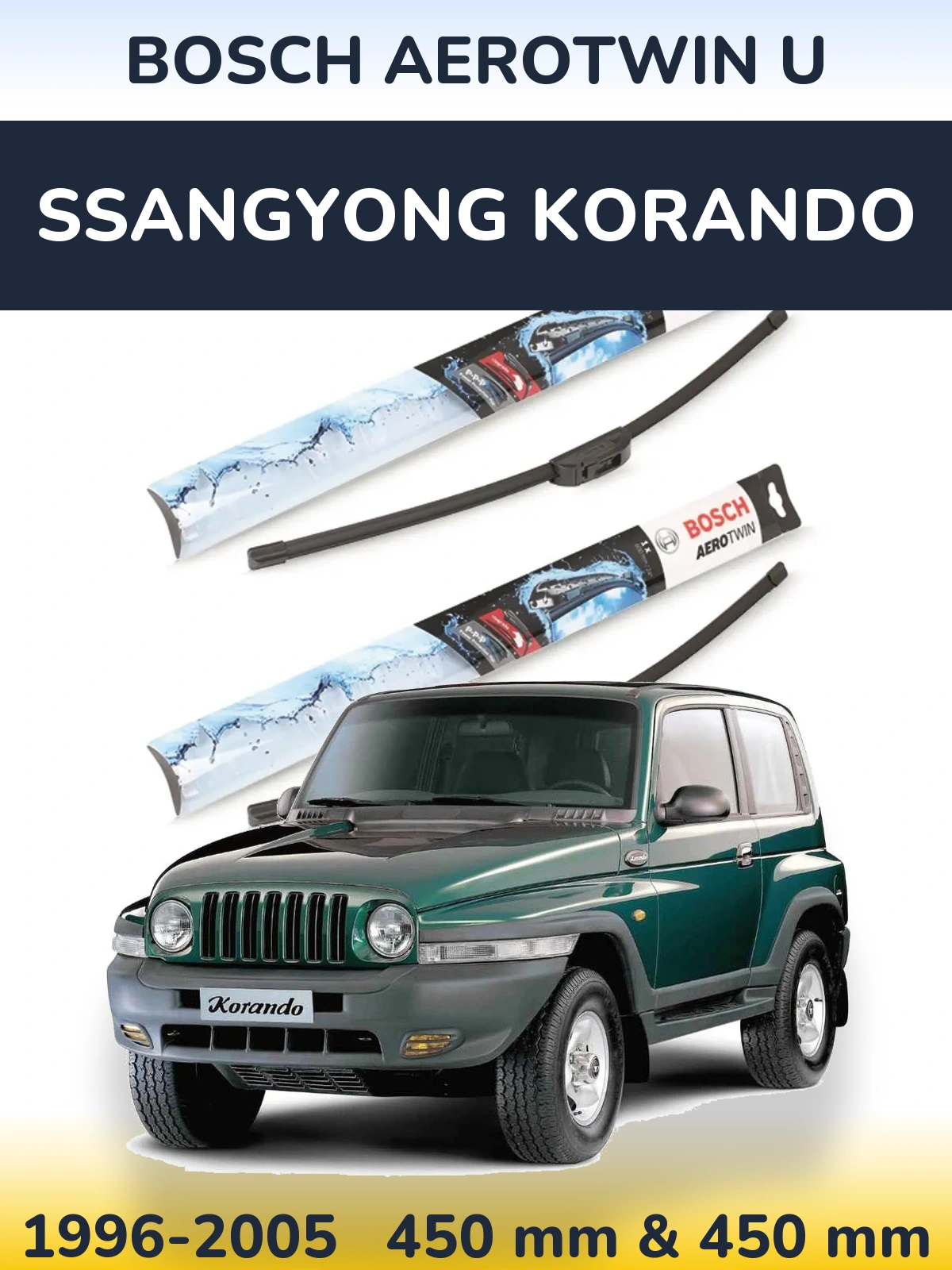 Front wiper blade set BOSCH AeroTwin U 450 & 450 mm for SsangYong Korando 1996-2005