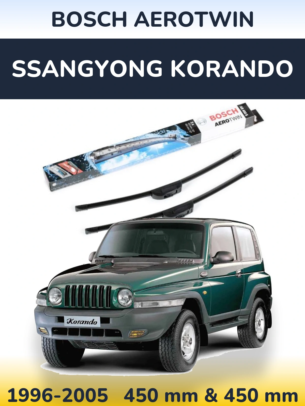 Front wiper blade set BOSCH AeroTwin 450 & 450 mm for SsangYong Korando 1996-2005