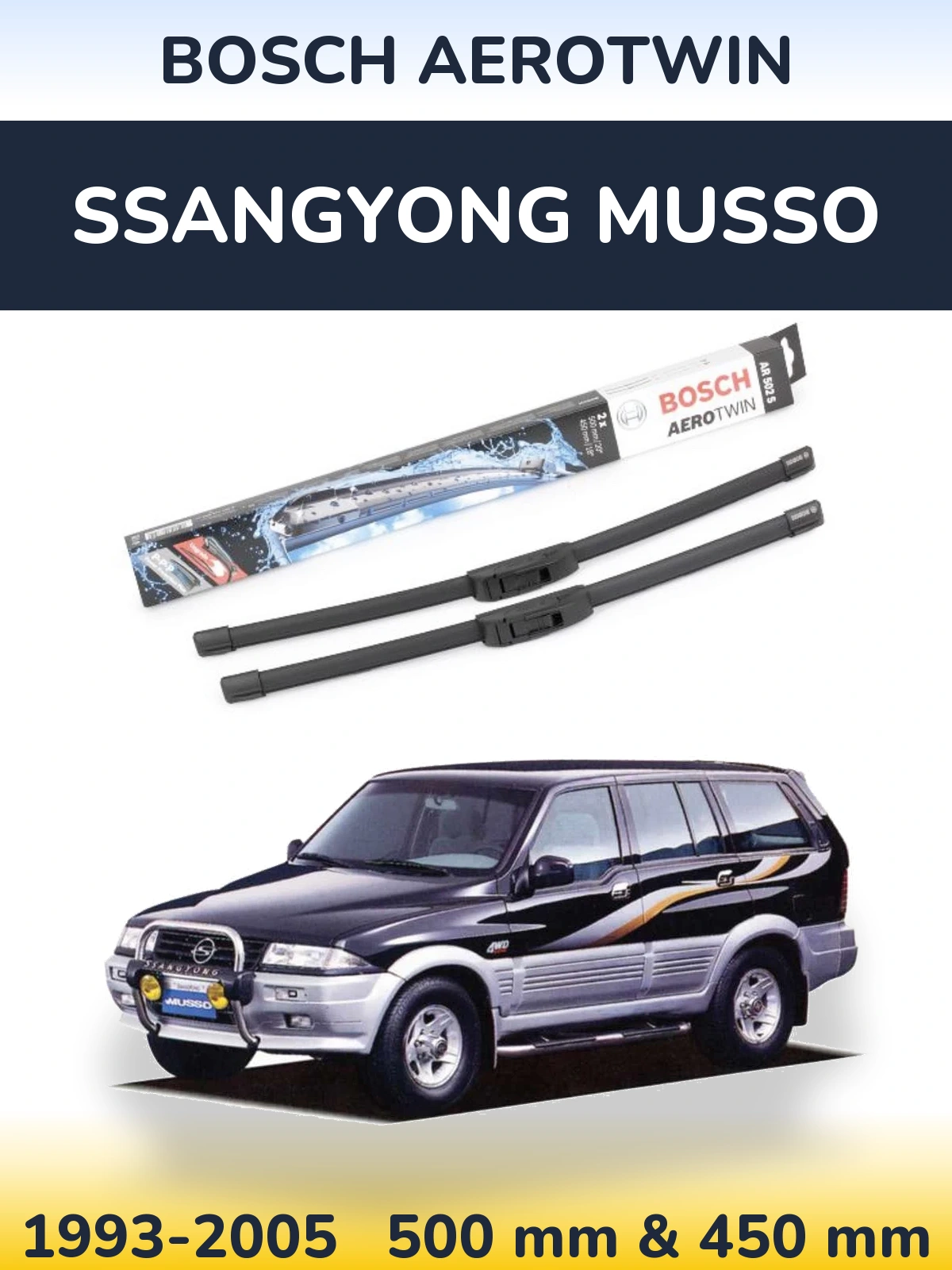 Front wiper blade set BOSCH AeroTwin 500 & 450 mm for SsangYong Musso 1993-2005
