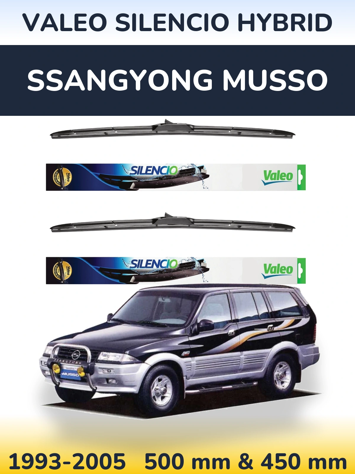 Komplet przednich wycieraczek Valeo Silencio Hybrid 500 & 450 mm do SsangYong Musso 1993-2005