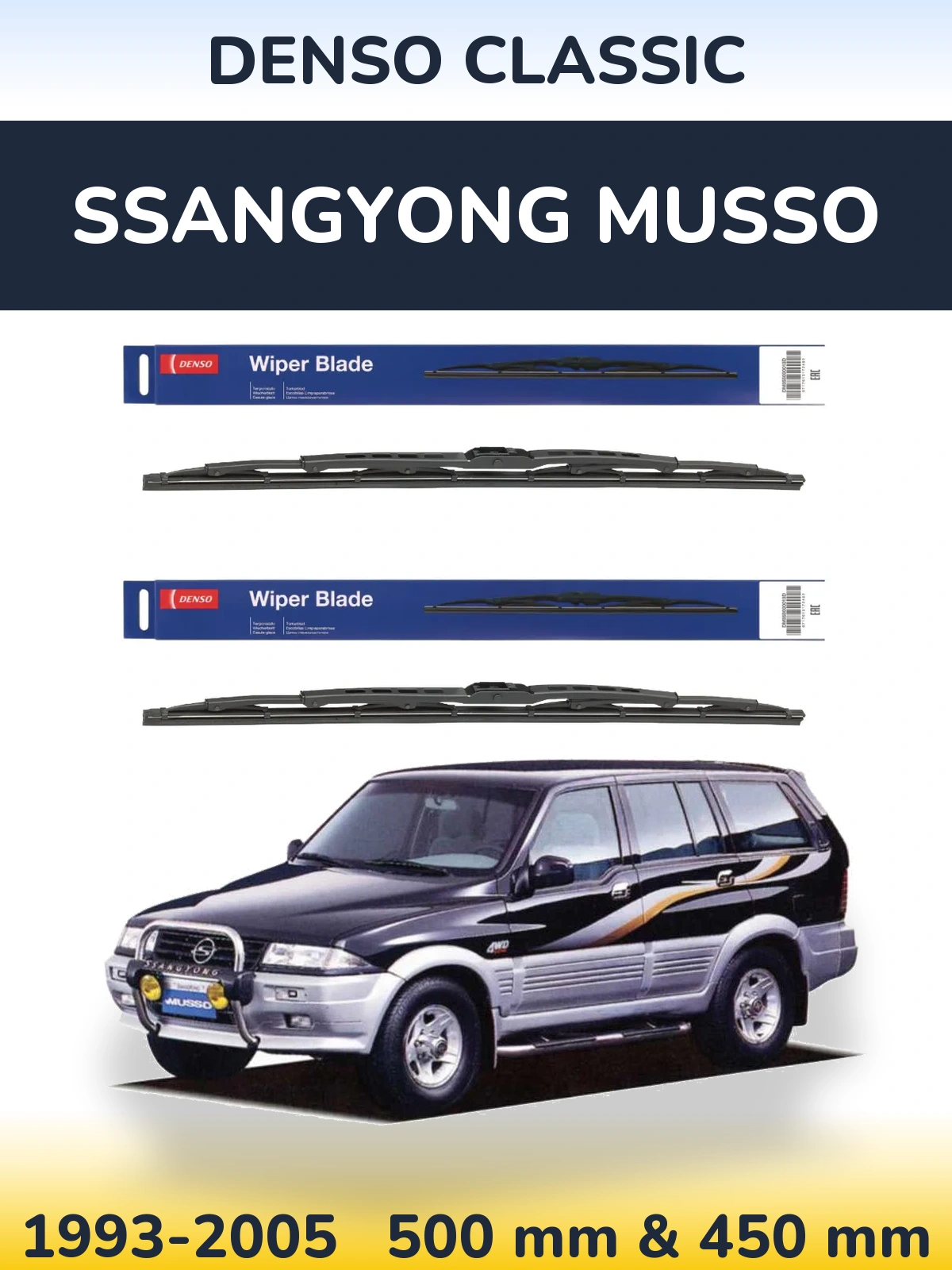 Komplet przednich wycieraczek Denso Classic 500 & 450 mm do SsangYong Musso 1993-2005