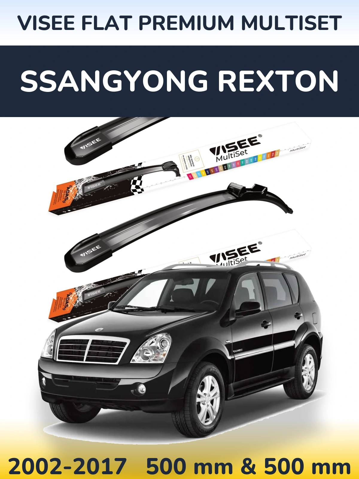 Front wiper blade set VISEE FLAT PREMIUM MultiSet 500 & 500 mm for SsangYong Rexton 2002-2017