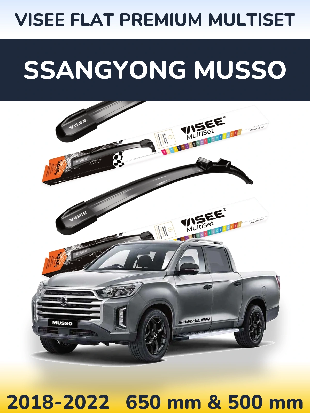 Front wiper blade set VISEE FLAT PREMIUM MultiSet 650 & 500 mm for SsangYong Musso 2018-2022