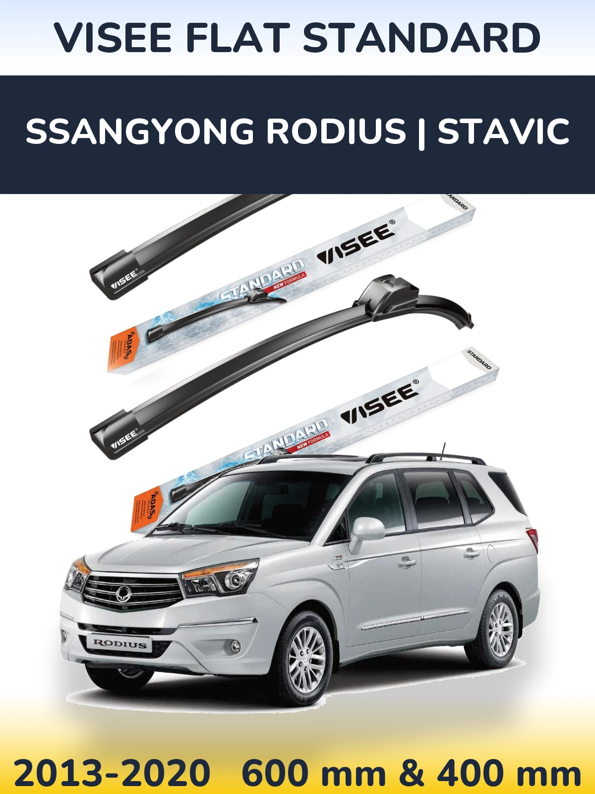 Front wiper blade set VISEE FLAT STANDARD 600 & 400 mm for SsangYong Rodius | Stavic 2013-2020