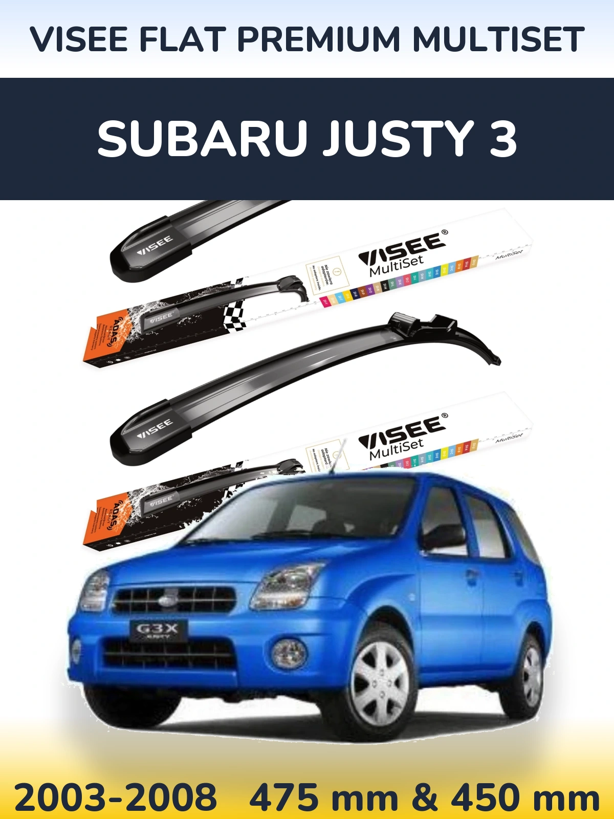 Komplet przednich wycieraczek VISEE FLAT PREMIUM MultiSet 475 & 450 mm do Subaru Justy 3 2003-2008