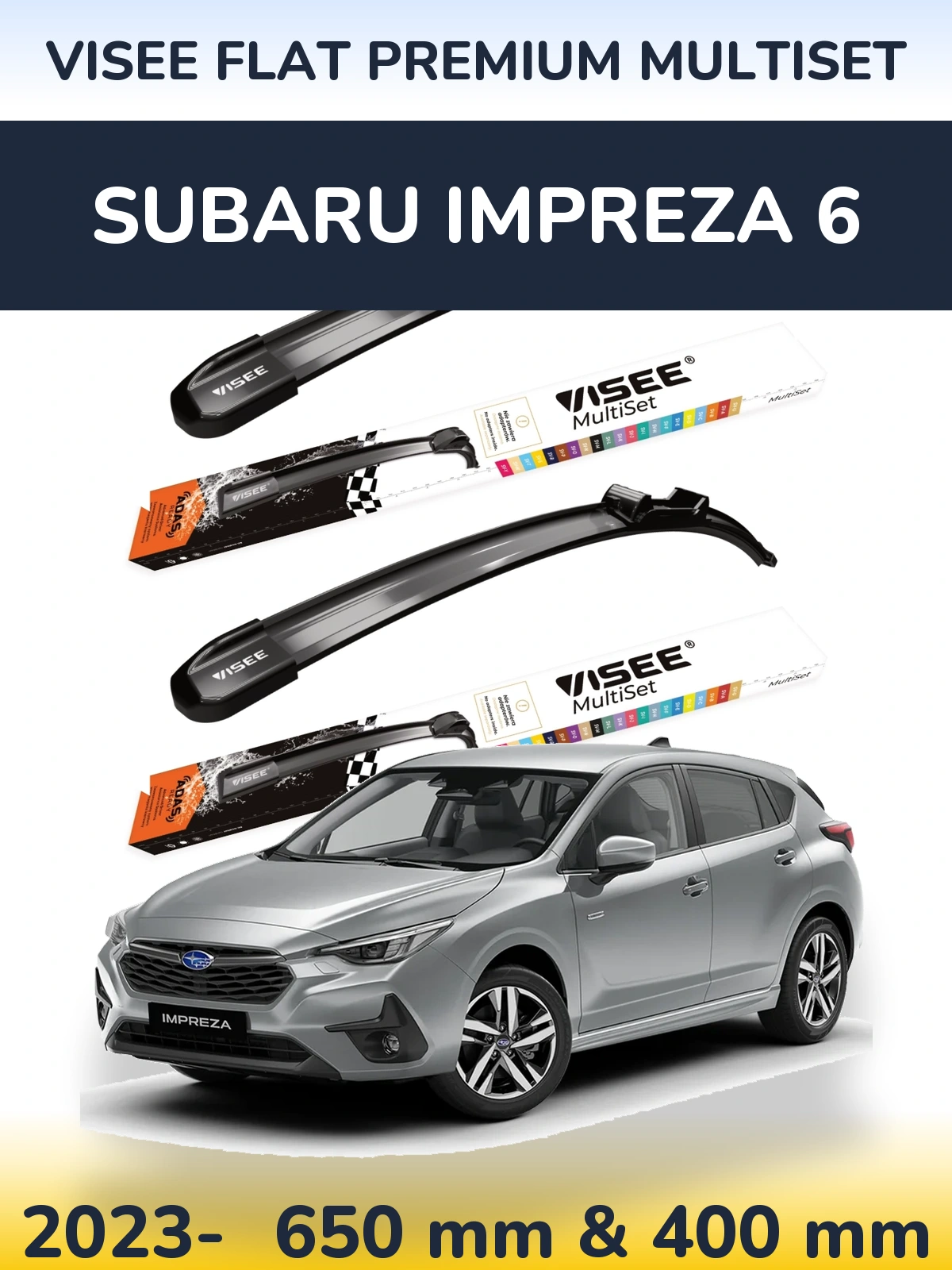 Komplet przednich wycieraczek VISEE FLAT PREMIUM MultiSet 650 & 400 mm do Subaru Impreza 6 2023-2026